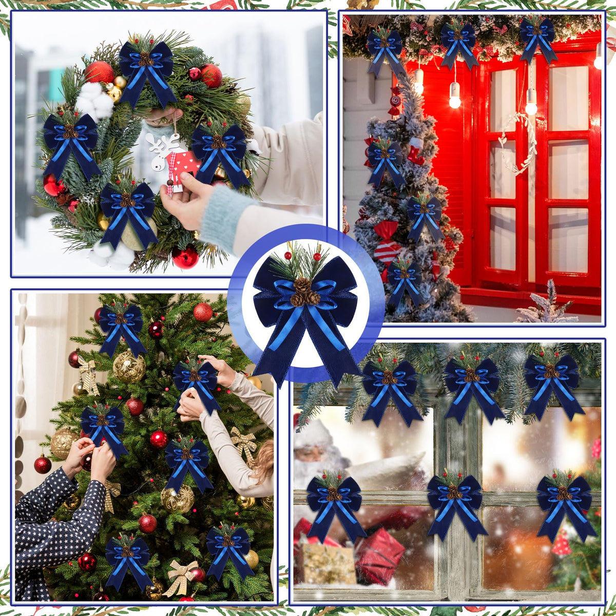 Syhood 6 Pcs Christmas Bows with Pine Cones Pine Needles Xmas Blue Velvet Bows Blue Velvet Ribbon Christmas Tree Wreath Decoration for Xmas Parties Indoor Outdoor Crafts DIY Decor