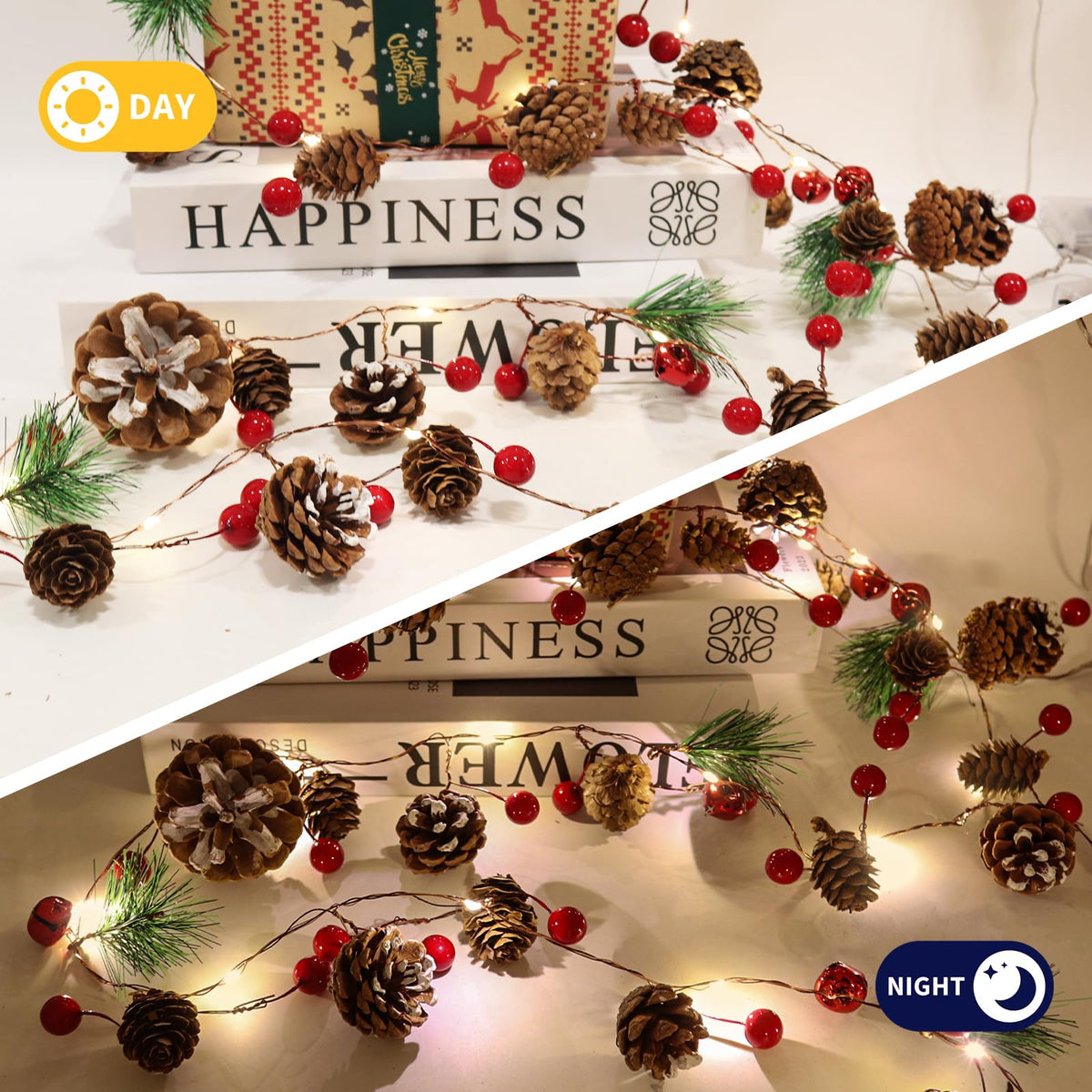 RECUTMS Christmas Garland Decoration with Lights,2PCS 7FT 20LED Pine Cone Red Berry Bell Battery Operated Christma String Light, Lighted Up Pinecone Vine Indoor Xmas Tree New Year Holiday Party Decor