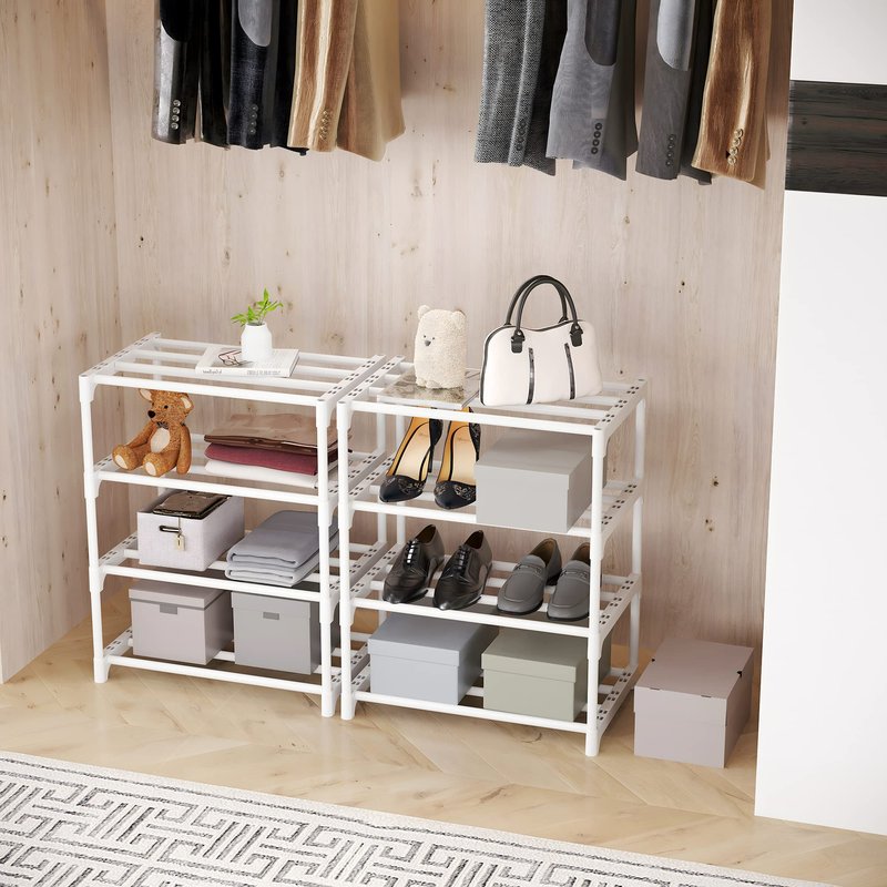 SOKOSEN 3-Tier Small Shoe Rack, Metal Stackable Kids Shoe Shelf Storage Zapateras Organizer,Narrow Shoe Rack Sturdy for Closet Hallway Entryway Living Room Bedroom (White)