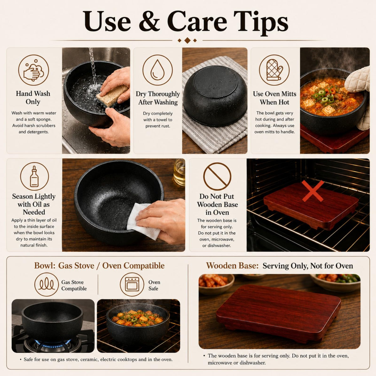 XICHENGSHIDAI Cast Iron Dolsot Bibimbap Bowl with Wooden Base, 31 oz Korean Sizzling Rice Bowl, Heat-Retaining Hot Pot Bowl for Soup, Rice, Stew and Korean Cooking