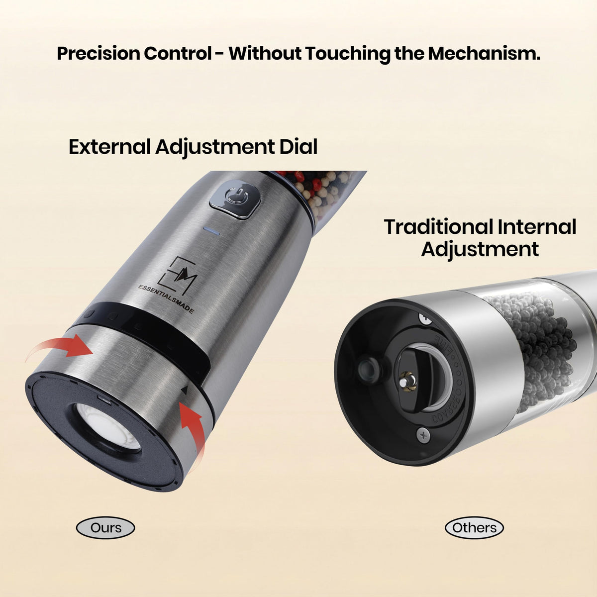 Essentialsmade Electric Salt and Pepper Grinder Set – Rechargeable Stainless Steel Mills – Upgraded 800mAh Battery, Large 200ml Capacity, & 5 Adjustable Coarseness Levels – Kitchen Seasoning Tools
