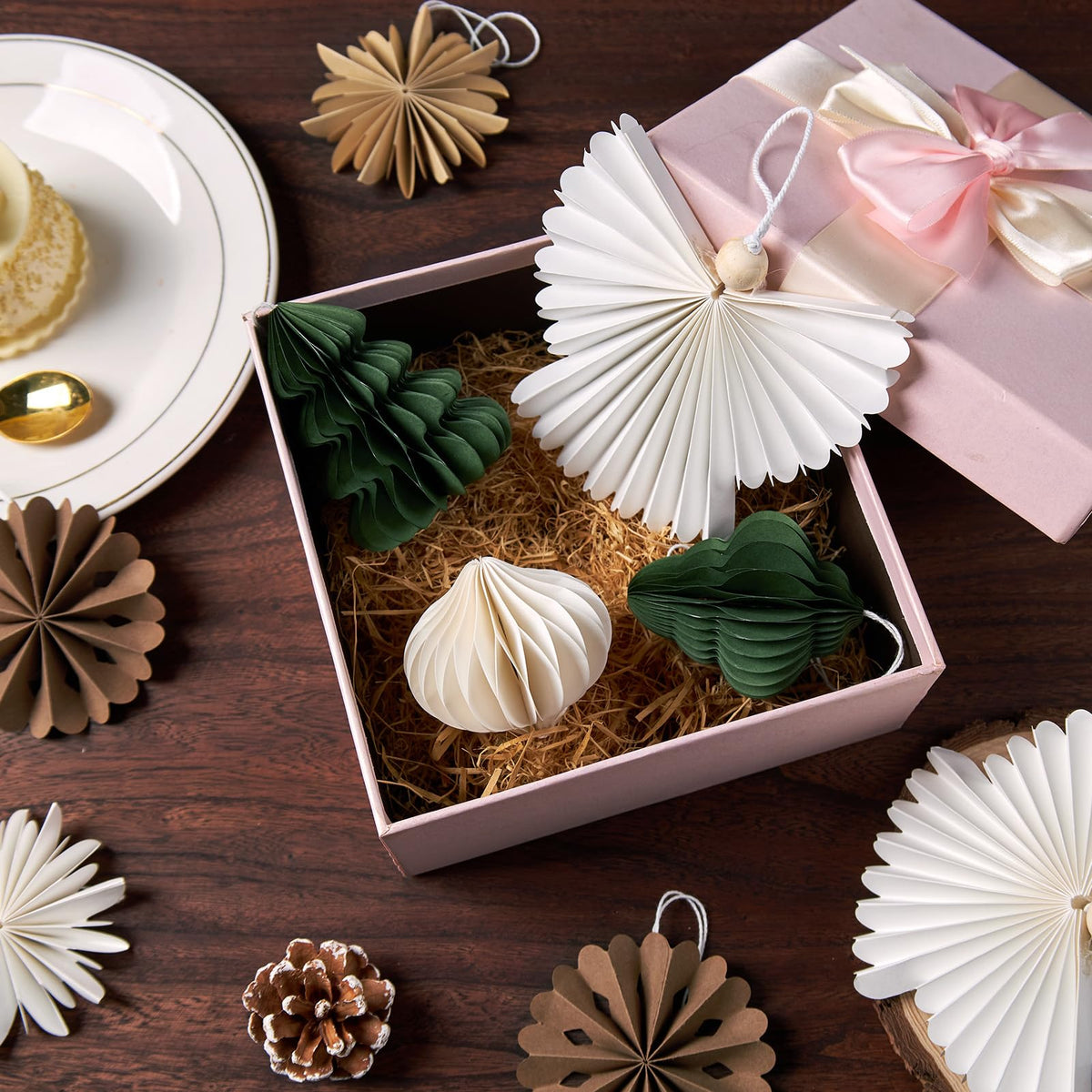 OBBOLO 9 Pcs Mini Paper Christmas Hanging Ornaments, Handcrafted with Carstock, White, Sage Green and Brown Decorative Paper Christmas Tree Ornament, for Xmas Holiday Party Home Tree Decor