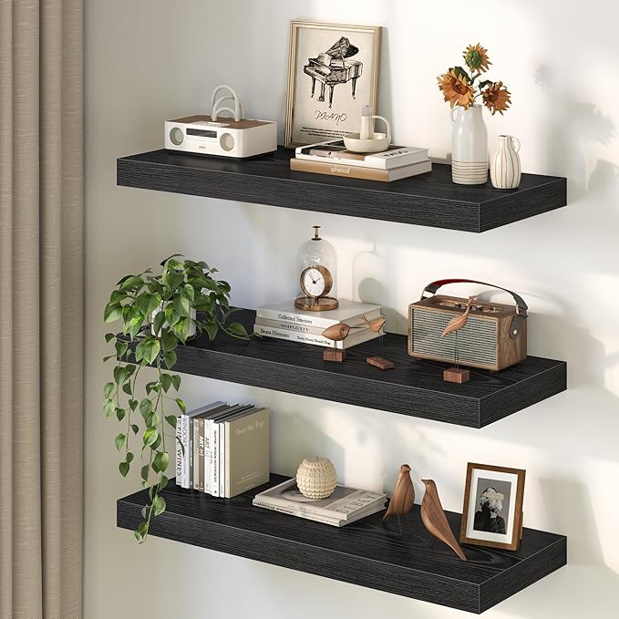 36Inch Black Floating Shelves for Wall, 12 Inch Deep Shelves for Bedroom