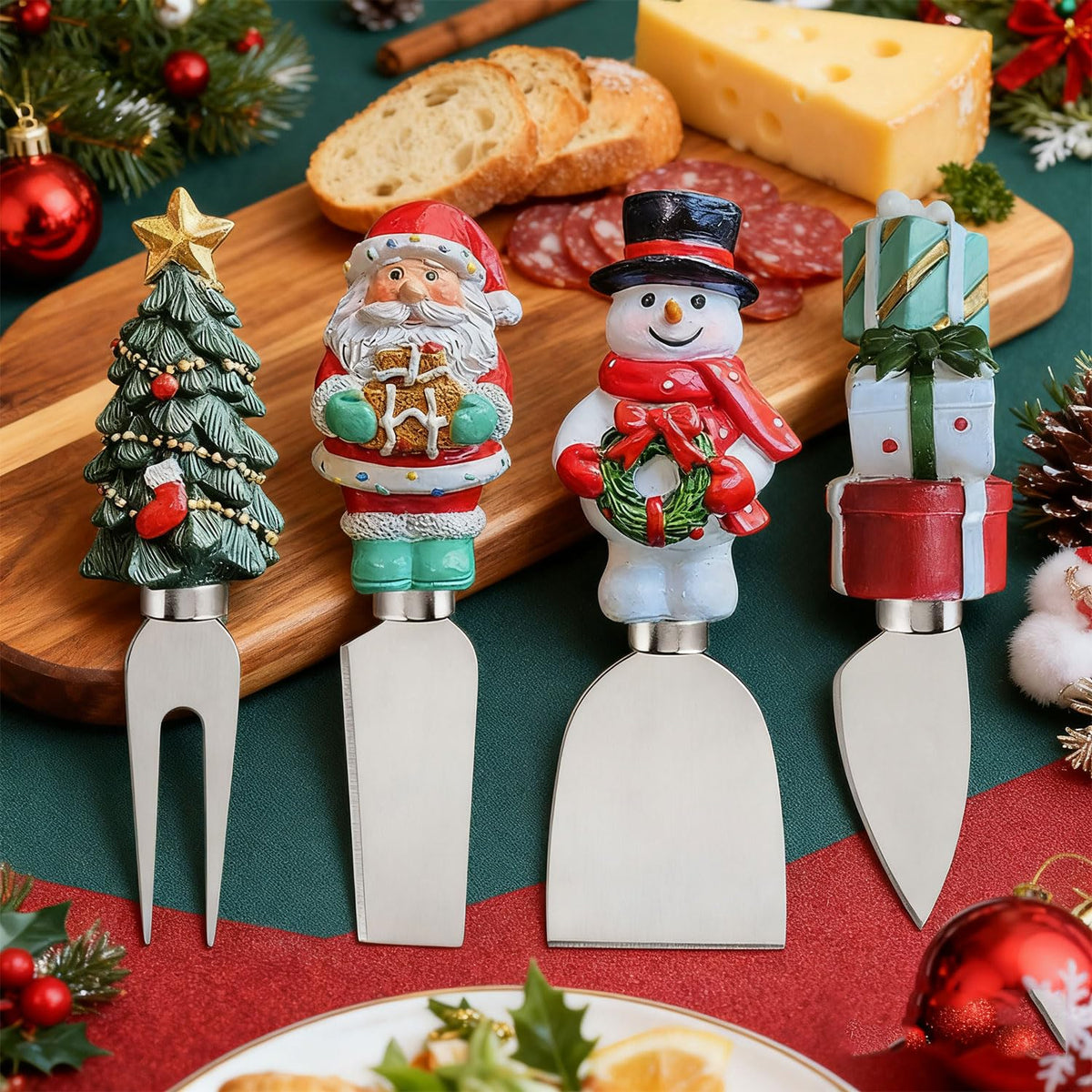 Linwnil 4-Piece Hand Christmas Resin Handles Cheese Knives, Xmas Charm Cheese Spreader Knife for Charcuterie Board Tools