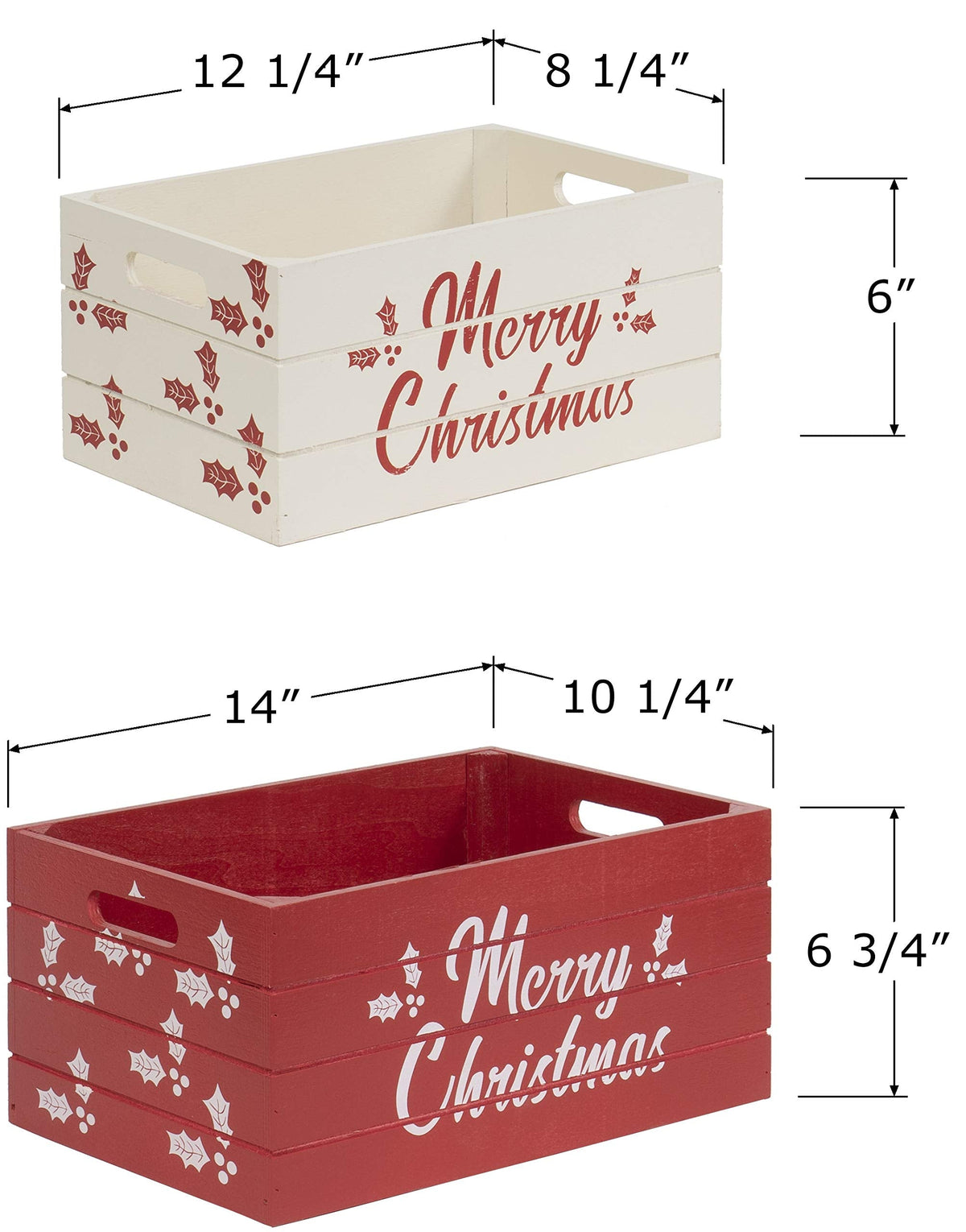 Red Co. Set of 2 Red and White Decorative Nesting Wooden Merry Christmas Storage Crate Organizers with Lettering