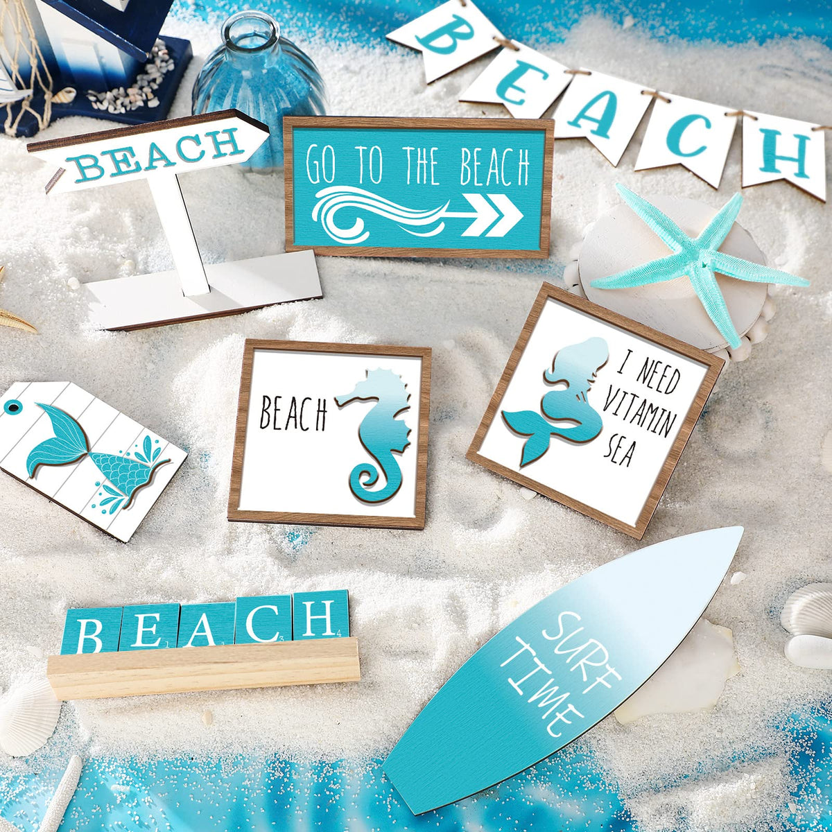 FairySandy 14 Pcs Summer Beach Tiered Tray Decor Set Farmhouse Wooden Beach Starfish Table Decor Blue Rustic Tabletop Sign Coastal Centerpieces for Summer Home Kitchen Table Hawaii Party Holiday