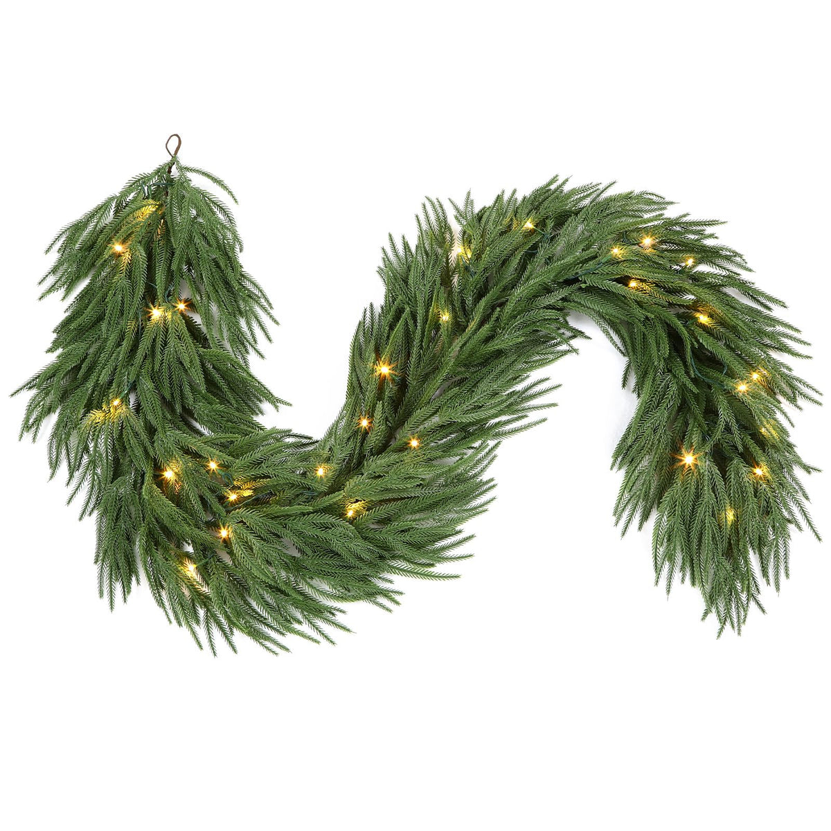 9ft Artificial Christmas Garland with Lights, Real Touch Norfolk Pine Garland - Pine Garlands, Prelit Green Christmas Garland for Mantle, Table, Fireplace, Indoor, Outdoor Christmas Decorations