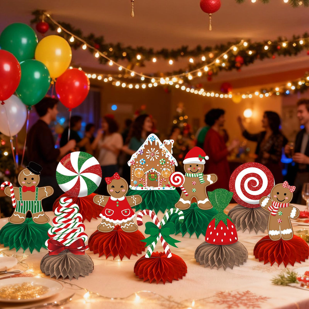 Gingerbread Christmas Party Table Decorations Centerpieces,10pcs Paper Gingerbread Man House Lollipops Candy Canes Honeycombs for Xmas Winter Holiday Birthday Party Decor Supplies