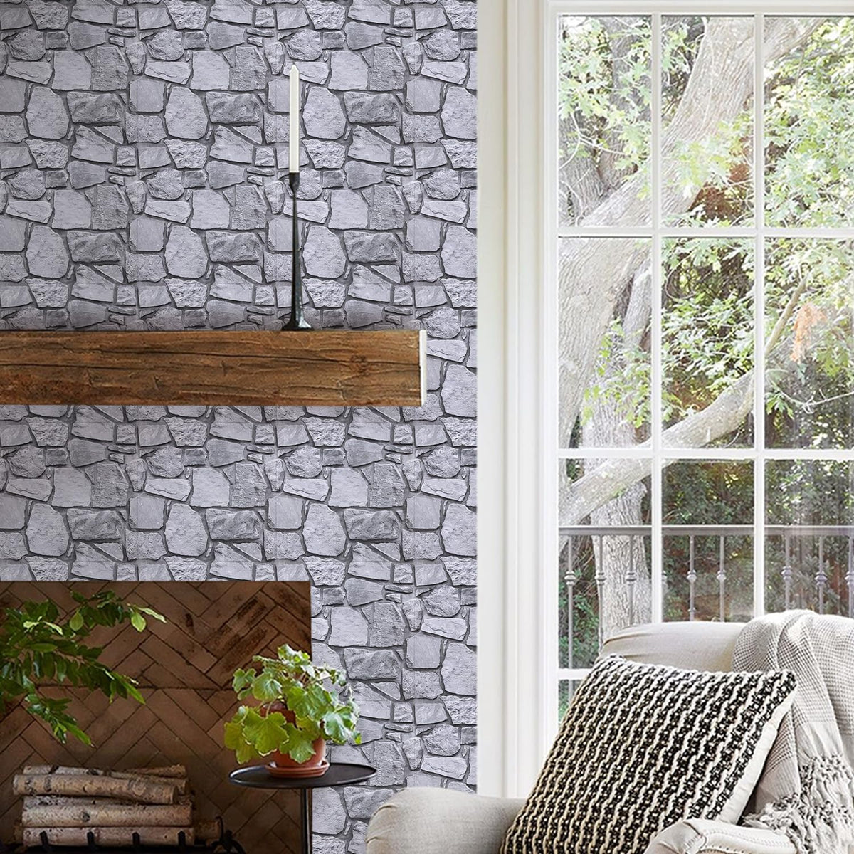 Commomy 3D Faux Stone Peel and Stick Wall Tiles - Fake Stone Wall Sticker 10 Pcs of 11.8" x 11.8" Thin Ultralight PVC Rock Wall Tile Interior Wall Covering Kitchen Backsplash,Interior Wall Decor