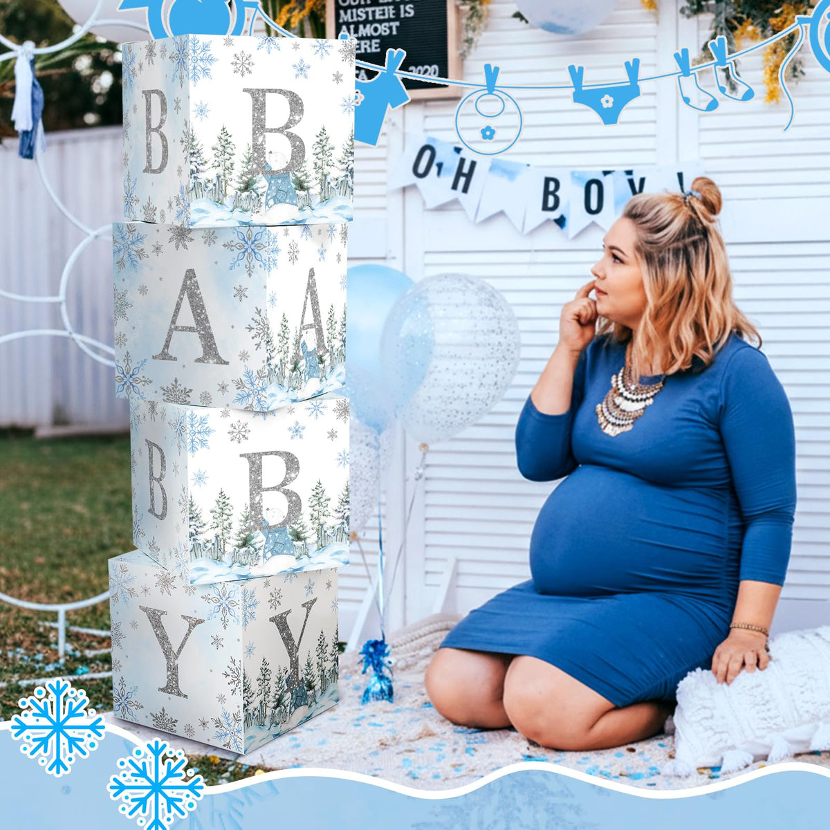 AmazingSpark 4 Pcs Winter Snowflake Blue Baby Shower Decoration Boxes with Letters Winter glitter Snowflake Wonderland Box Block Baby Shower Backdrop Centerpiece for Party