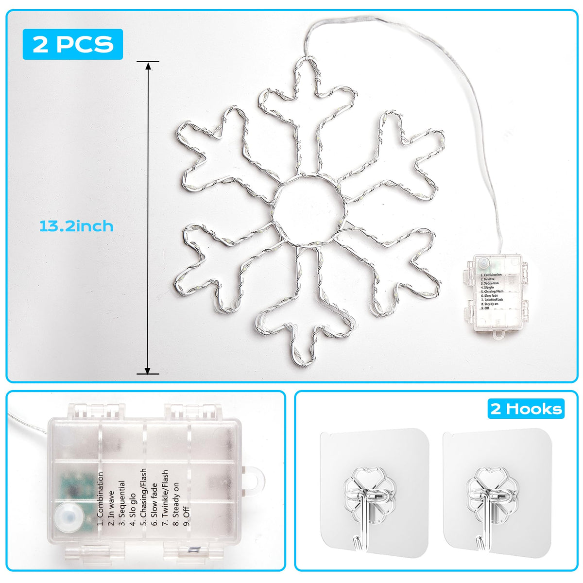BlcTec 2 Pack Big Christmas Snowflakes Lights, 13 Inch Durable Metal Frame Snowflakes with Remote Control, 8 Modes, Timer, Waterproof Battery Operated Snowflake Lights for Christmas Party Decorations
