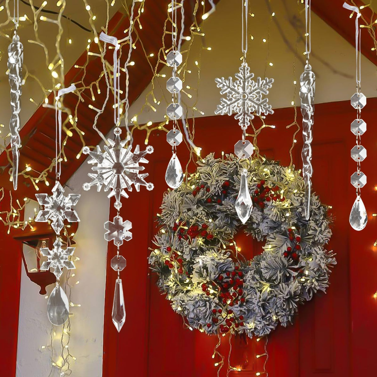18pcs Crystal Christmas Ornaments for Tree Decorations-Hanging Acrylic Snowflake Icicle Ornaments with Drop Pendants for Winter Wonderland Chandelier Crystals Decorations Supplies