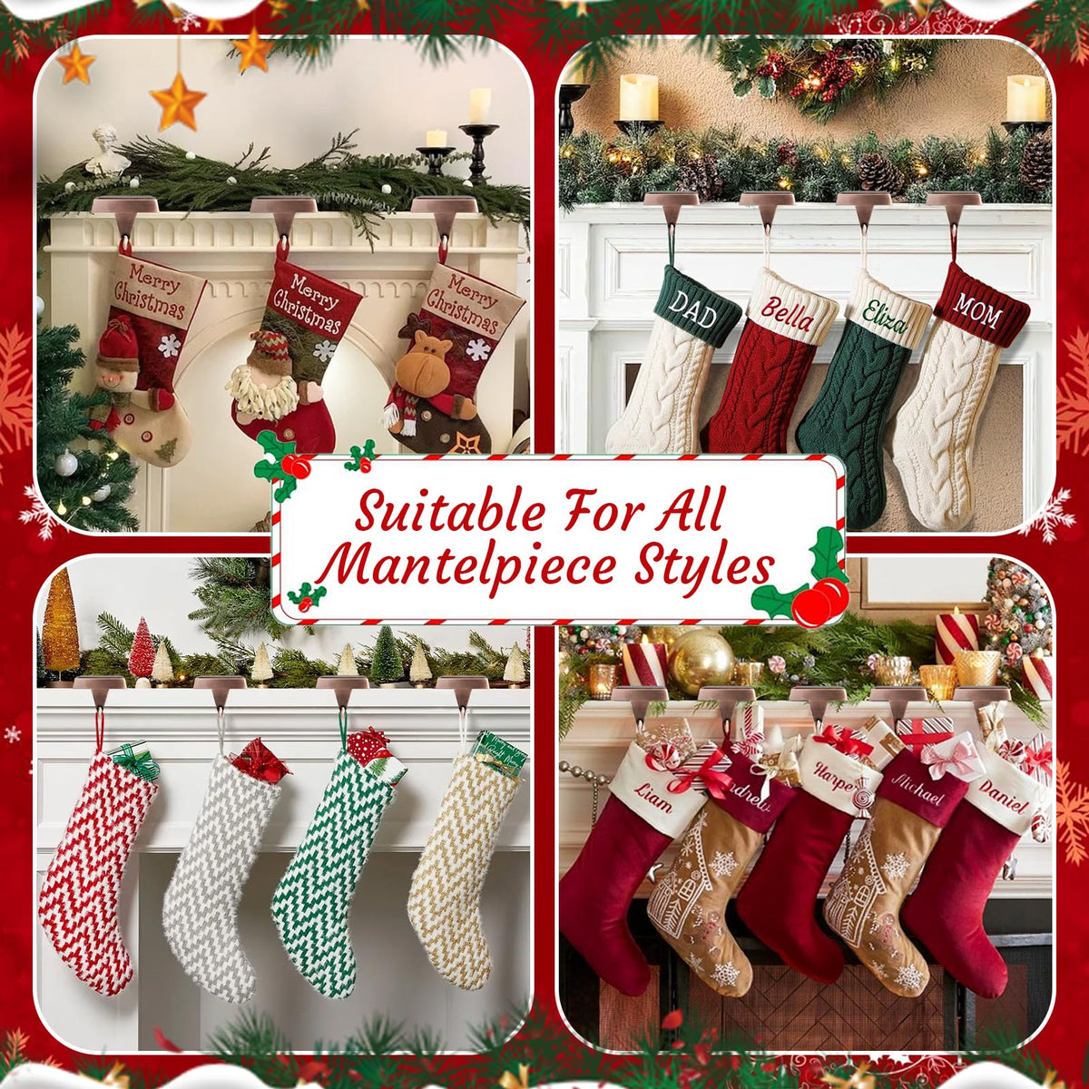 SINTENILL Christmas Stocking Holders for Mantle Set of 4, Heavy Weighted Metal Stocking Holders Hangers Low Profile Stocking Hooks Bases for Fireplace Table Xmas Holiday Party Decoration, Copper