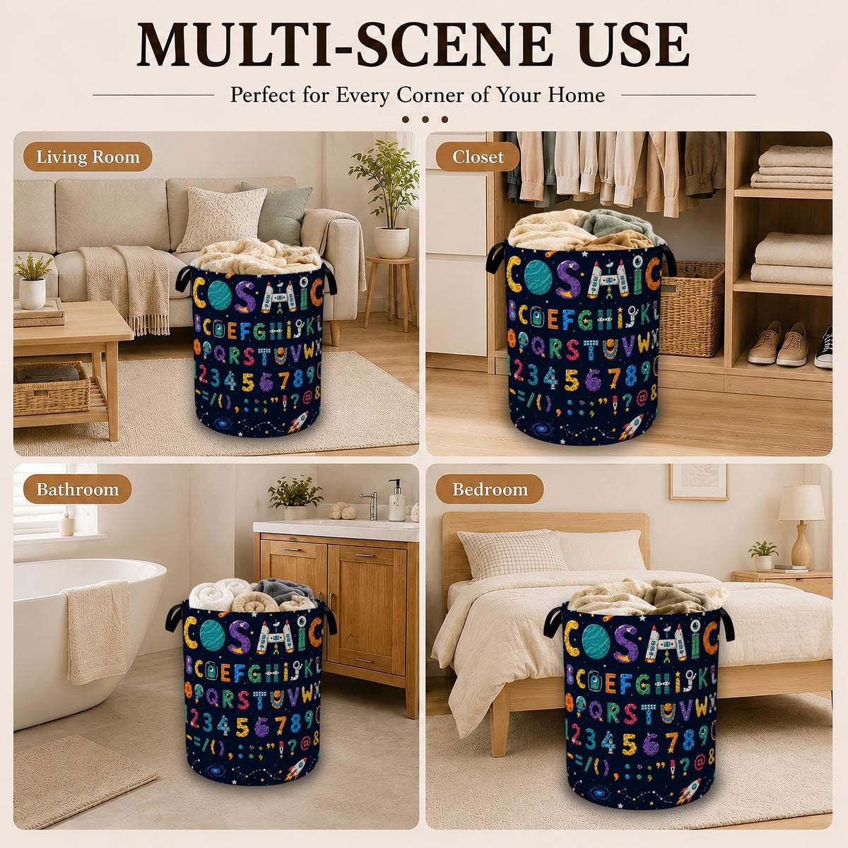 Cosmic Alphabet Space Collapsible Laundry Hamper for Bedroom, Freestanding Oxford Clothes Basket, Large Foldable Storage Bin with Easy-Carry Handles for Bathroom Dorm Laundry Room