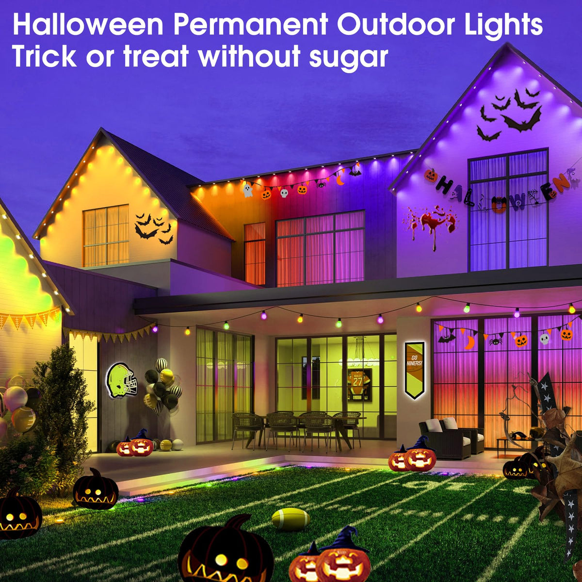 Sumaote Permanent Outdoor Lights 150ft, Smart RGB+IC Smart Christmas House Lights 108 LED Waterproof Music Sync Eave Lights for Christmas, Holiday Decor, Compatible with Alexa Google Assistant