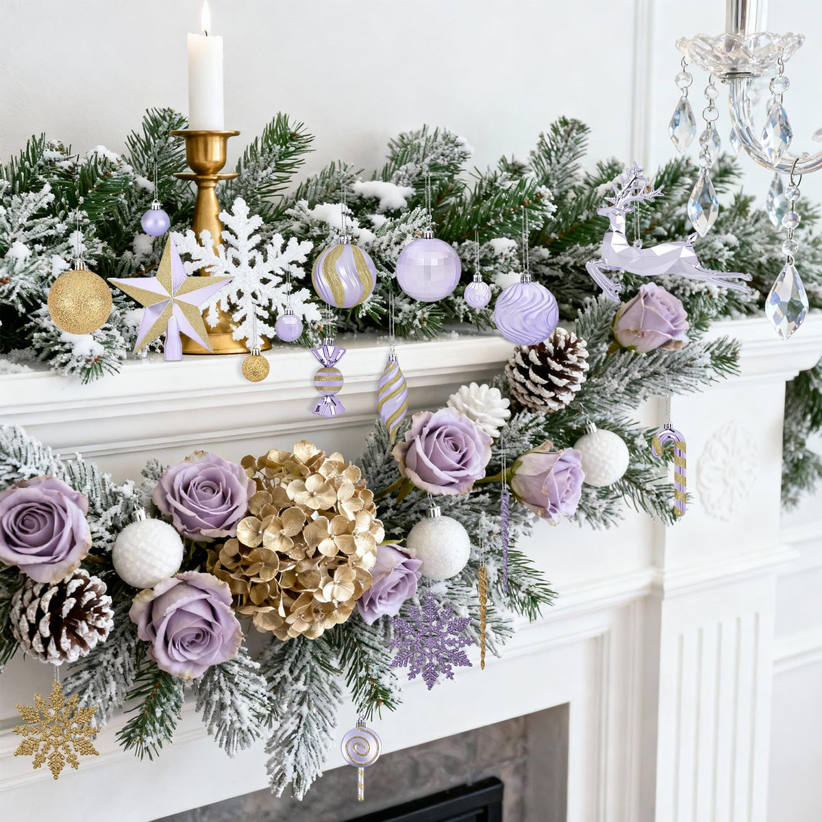 70PCS Christmas Balls Ornaments Set, Shatterproof Xmas Tree Decorations Kit with Balls, Snowflakes, Candy Canes, Star Topper, Reindeer & Hanging Baubles for Holiday Party Decor (Purple & Gold)