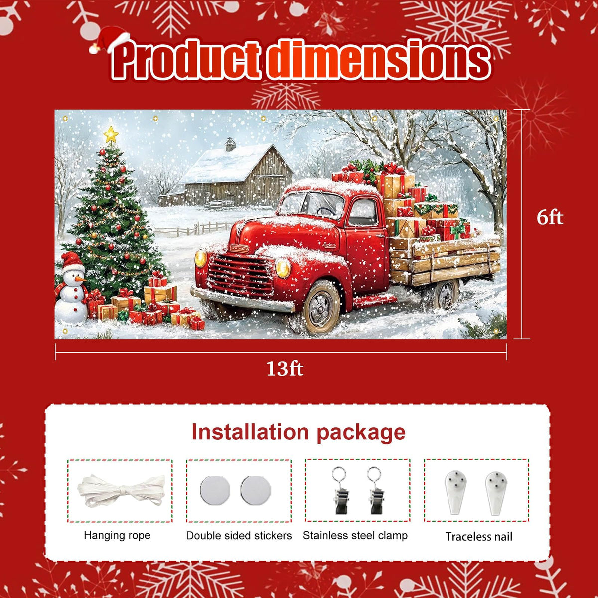 HOMETITUTE Christmas Garage Door Banner 13x6ft Red Truck Christmas Tree Snowman Barn Theme Backdrop Banners for Outside Inside Winter Door Cover Garage Wall Covering for Party Garage Decorations