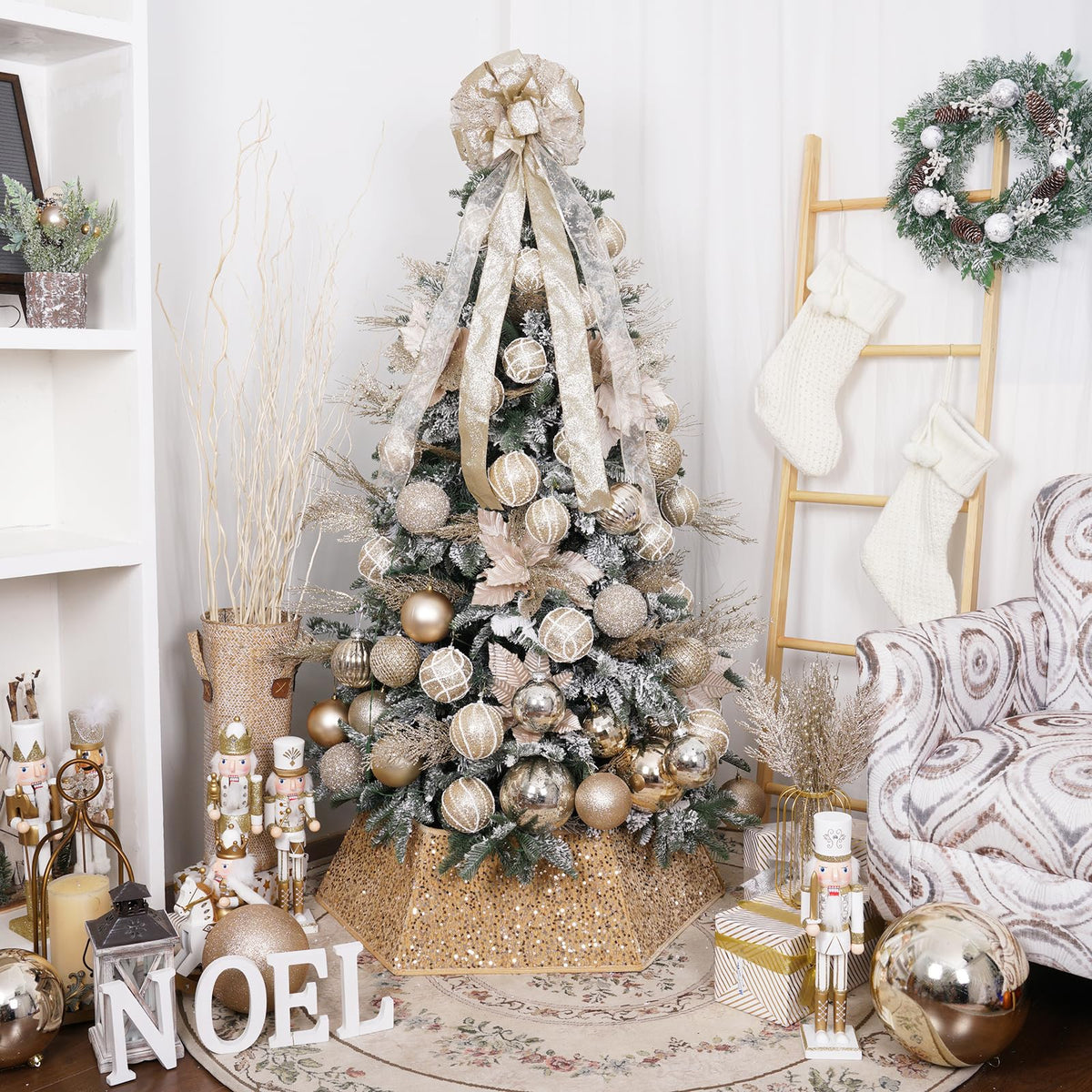 Champagne Gold Christmas Tree Collar with Sparkling Sequins,Christmas Tree Collars for Atificial Trees, 33.5 Inch Christmas Tree Skirt, Xmas Tree Stand Base Cover,Holiday Home Decor Tree Ring(Large)