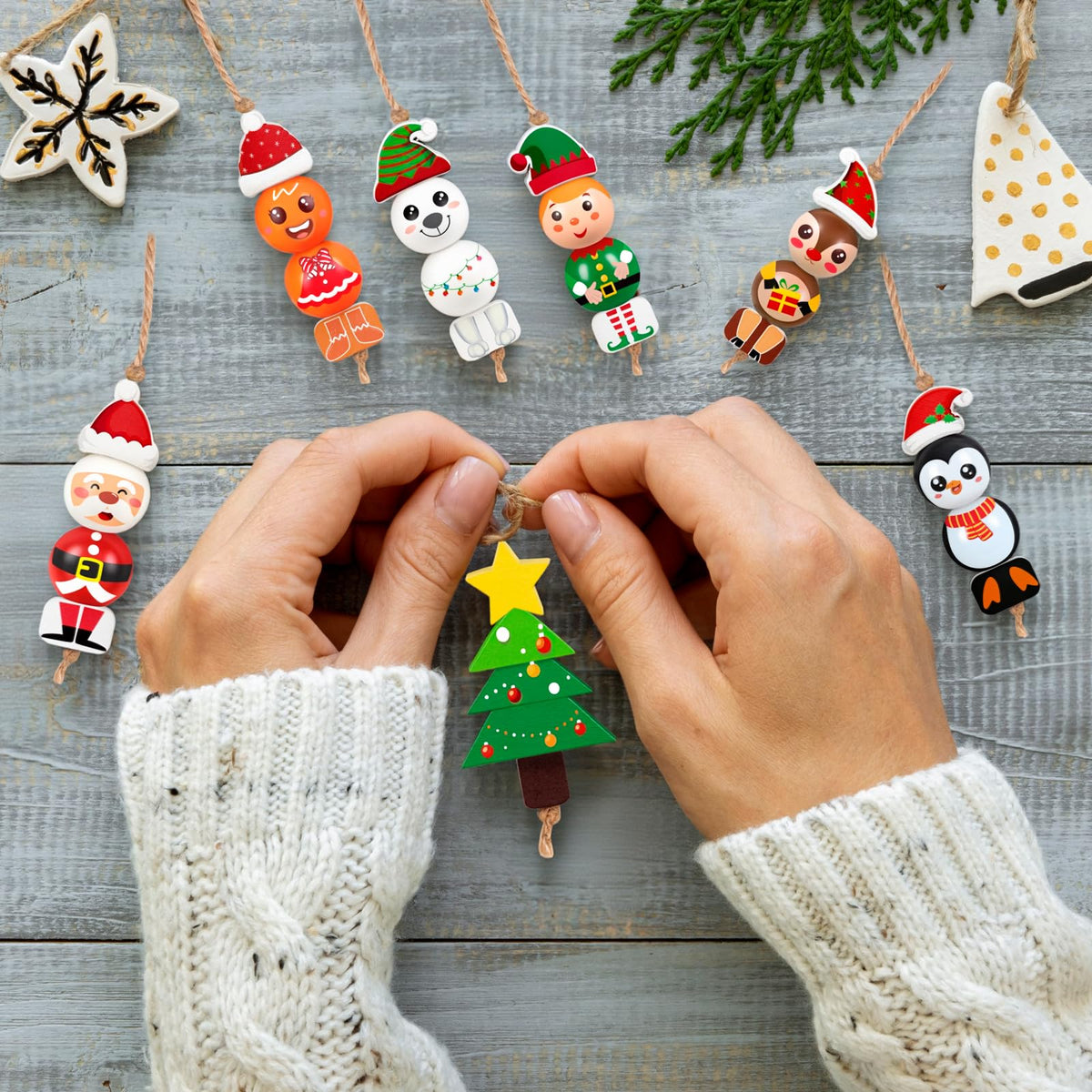 40Sets Christmas Wooden Beads Ornaments Crafts Kits:DIY Xmas Santa, Elf, Gingerbread, Penguin, Reindeer, Snowman, Tree Winter Decorations Stocking Stuffers Goodie Bag Party Supplies