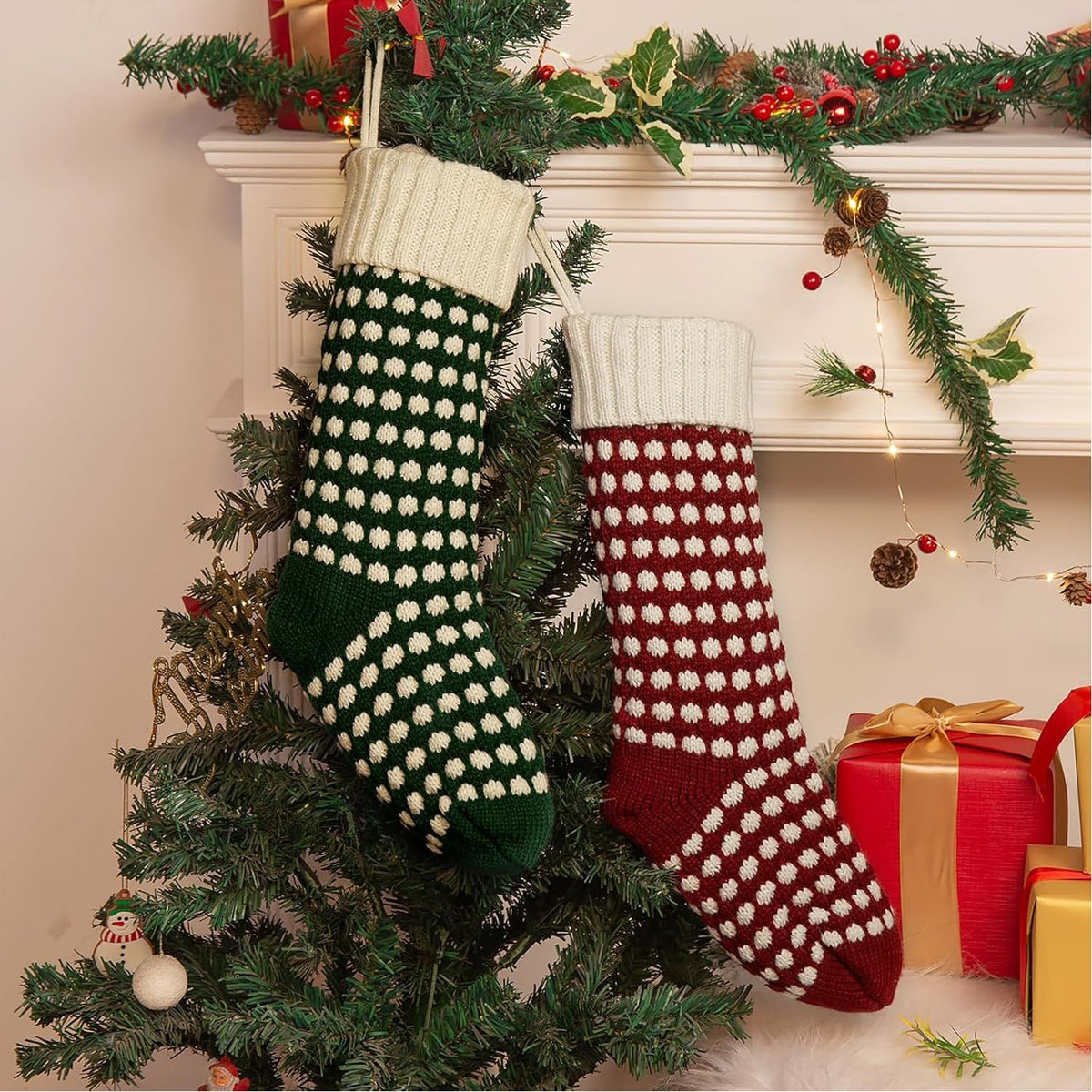 Guojanfon Christmas Stockings ,18" Unique Burgundy and Green Knit Christmas Stockings Dots Style (Length 18",Pack 2)