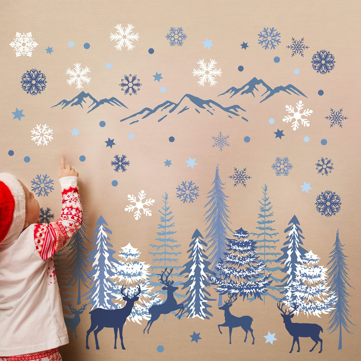 Teling 8 Pieces Winter Snowflake Wall Decals Stickers Dreamy Nursery Forest Woodland Trees Deer Pine Tree Wall Decals for Kids Room Winter Decor(Blue, White, Gray)
