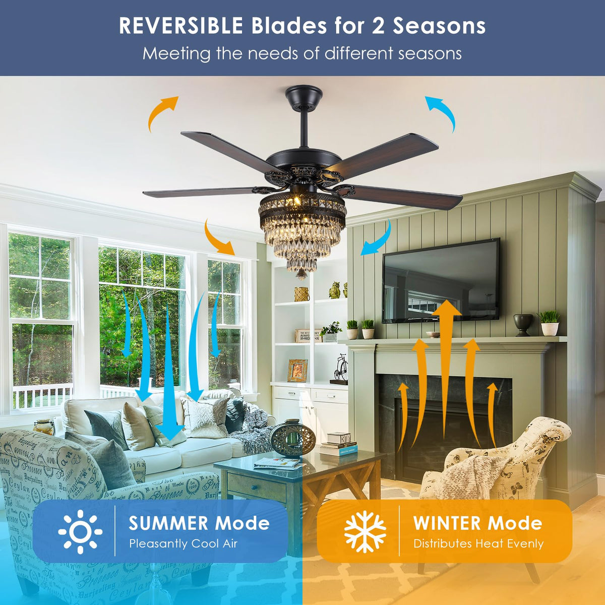 Asyko 50" Crystal Ceiling Fan Fandelier with Lights - Modern Black Chandelier Fans with Remote Control,Noiseless AC Motor, Retro/Farmhouse Lighting, Dining Room,Living Room