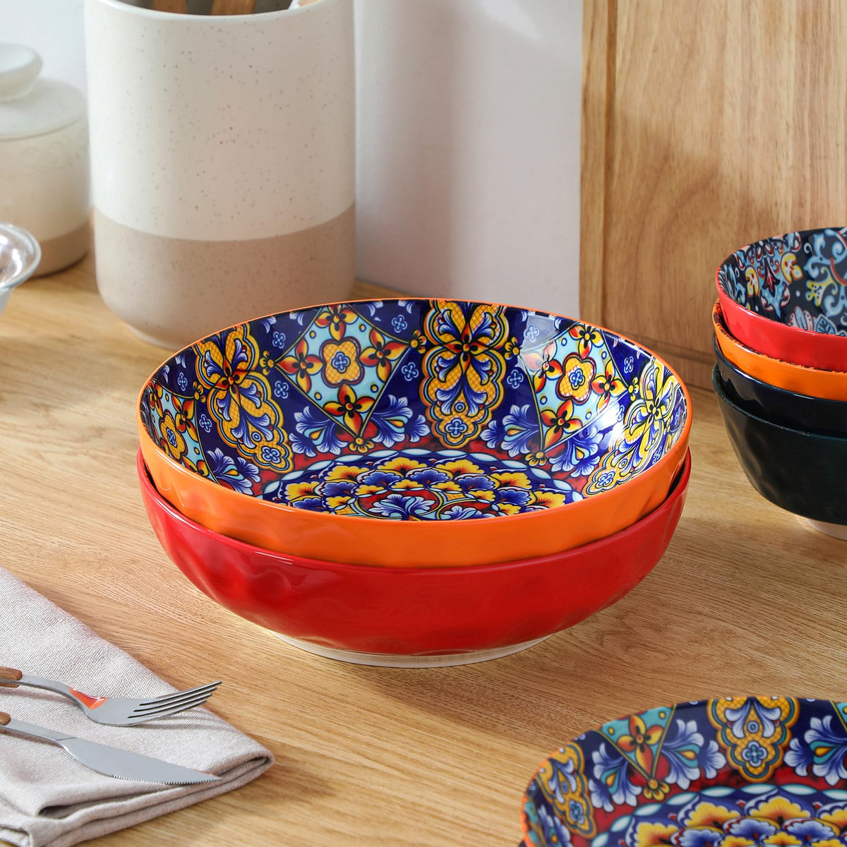 vancasso Large Serving Bowls, 78 Oz Extra Large Salad Bowls Set of 2, Bohemian Decorative Bowls for Salad, Fruit, Pasta and Dinner, Serving Dishes Set for Party, Dishwasher & Microwave Safe-Red
