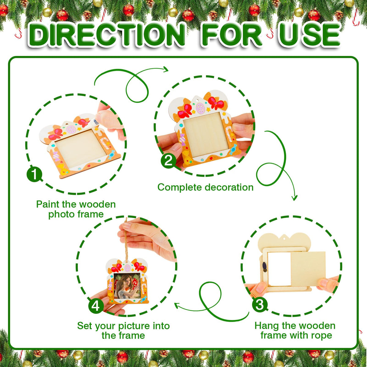 Thyle 12 Pcs Christmas Gingerbread House Picture Frame Ornaments Wooden DIY Craft Kits Xmas Tree Hanging Photo Frames Bulk for Christmas Party Winter Activities Home Decorations Gift