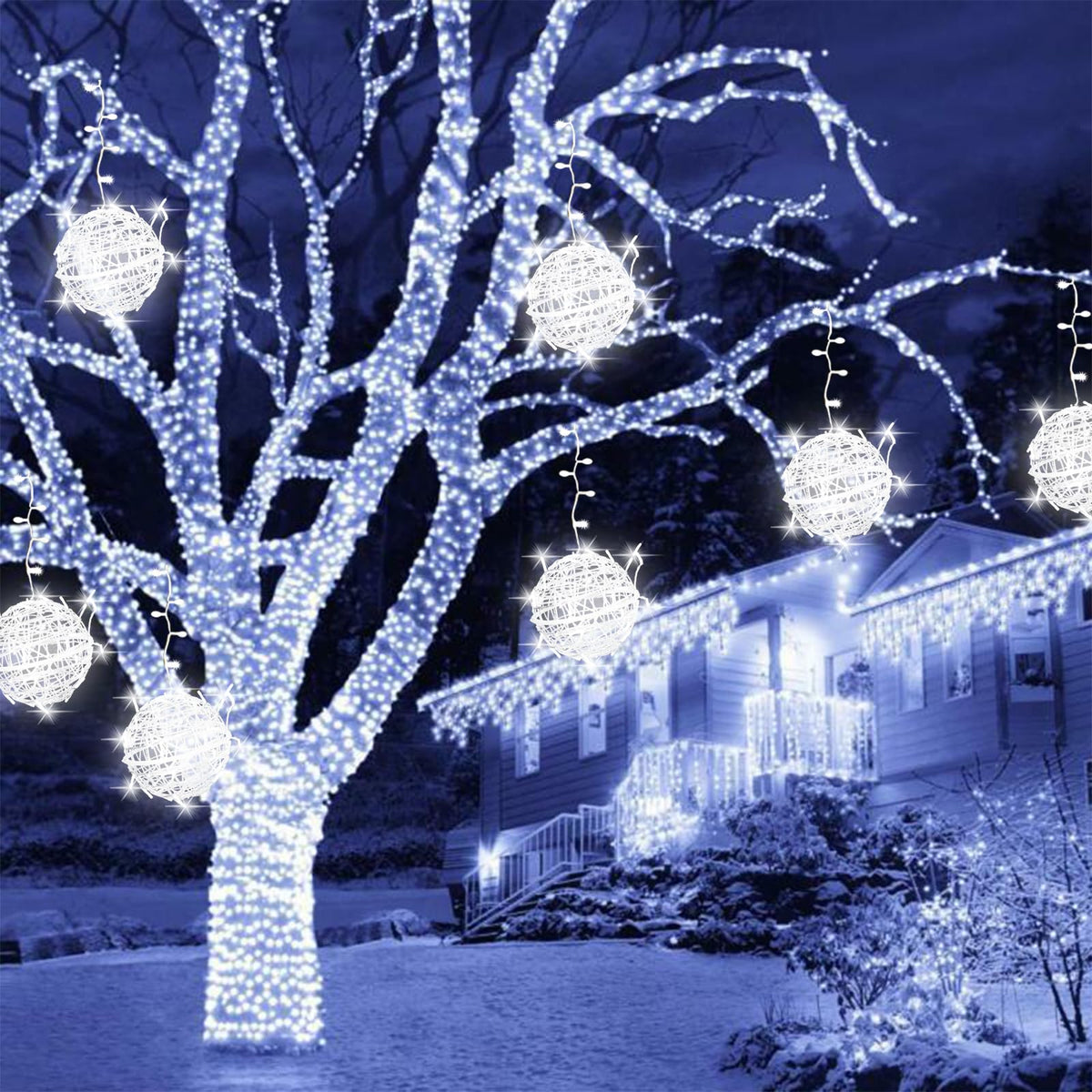 Outdoor Christmas Balls Lights Tree Lights Waterproof, 4 Pack 7.87" LED Hanging Globe Sphere Lights with 8 Lighting Modes Memory Timer Plug for Party Wedding Xmas Porch Patio Garden Yard Decorations