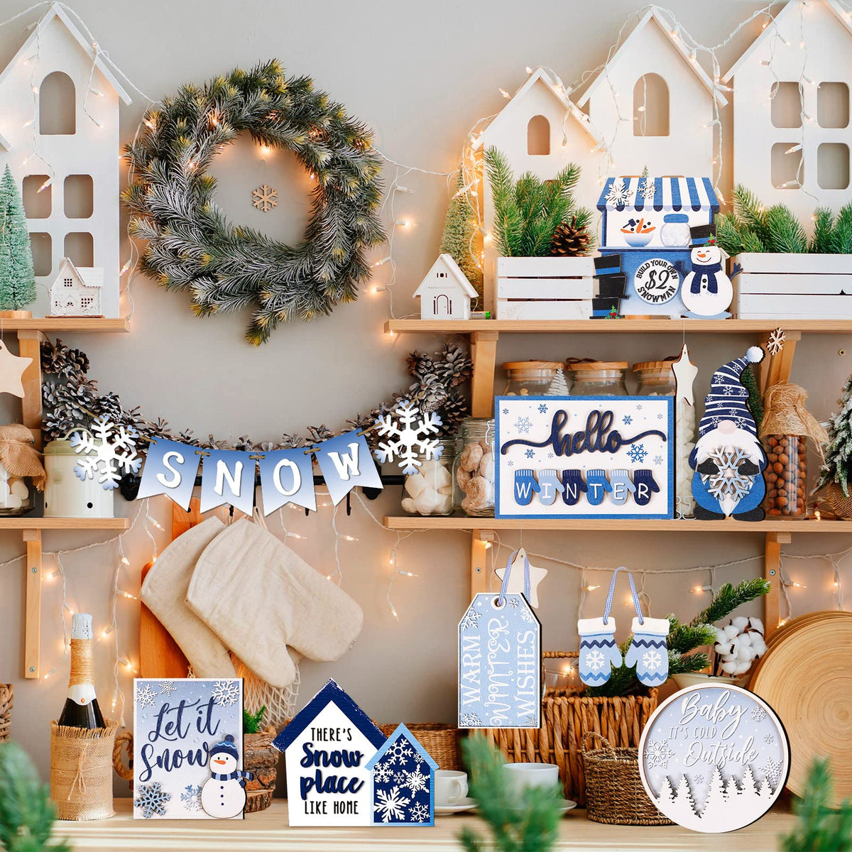 Kajaia 15 Pcs Winter Tiered Tray Decor Christmas Tiered Tray Decorations Set Snowman Snowflake Gingerbread Man Hot Cocoa Wooden Signs Farmhouse Winter Table Decorations(Snowflake)