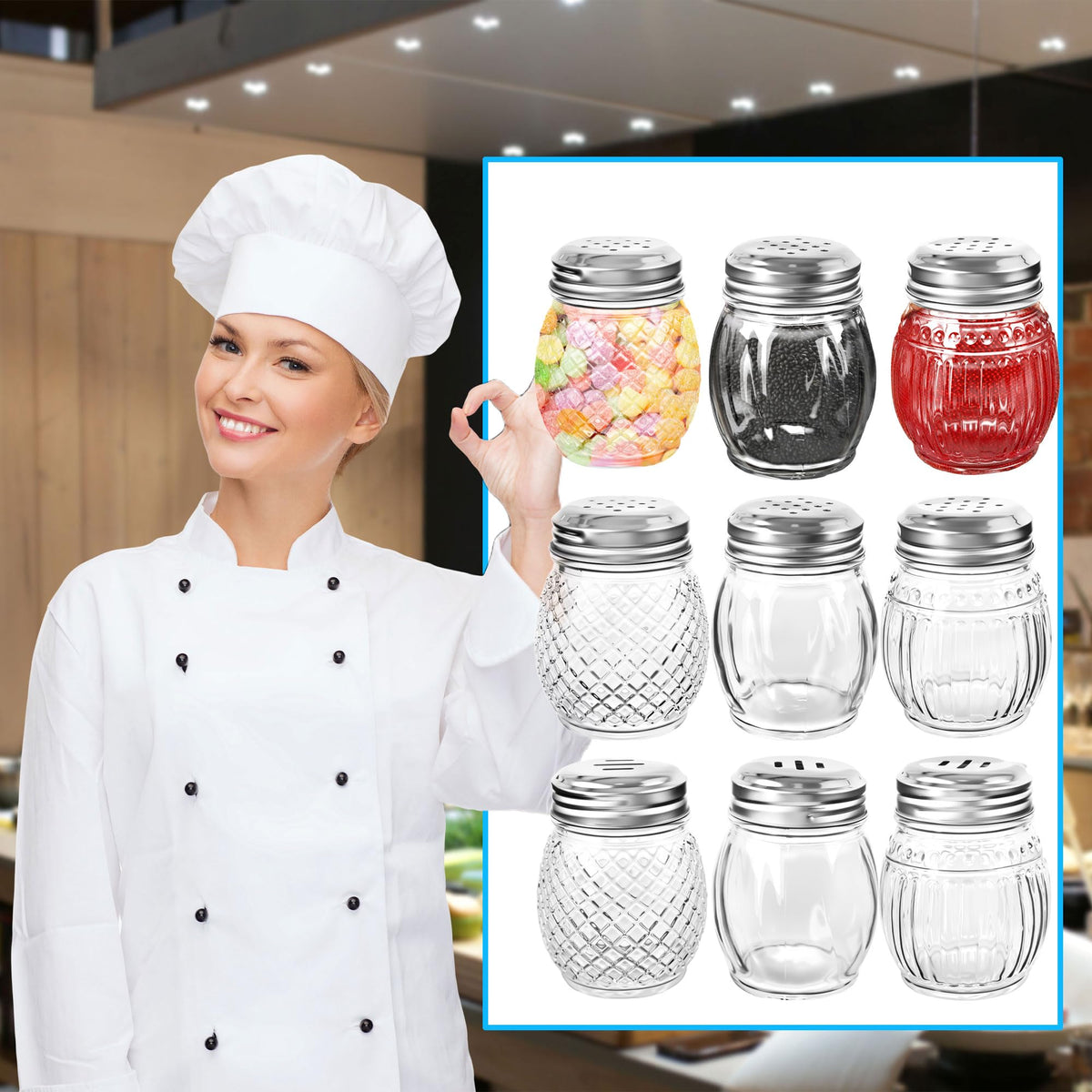 6 Pack 6 Ounces Glass Spices Shaker with Perforated Lid Salt Cheese and Pepper Shakers for Home Kitchen Restaurant Supplies, 2 Styles