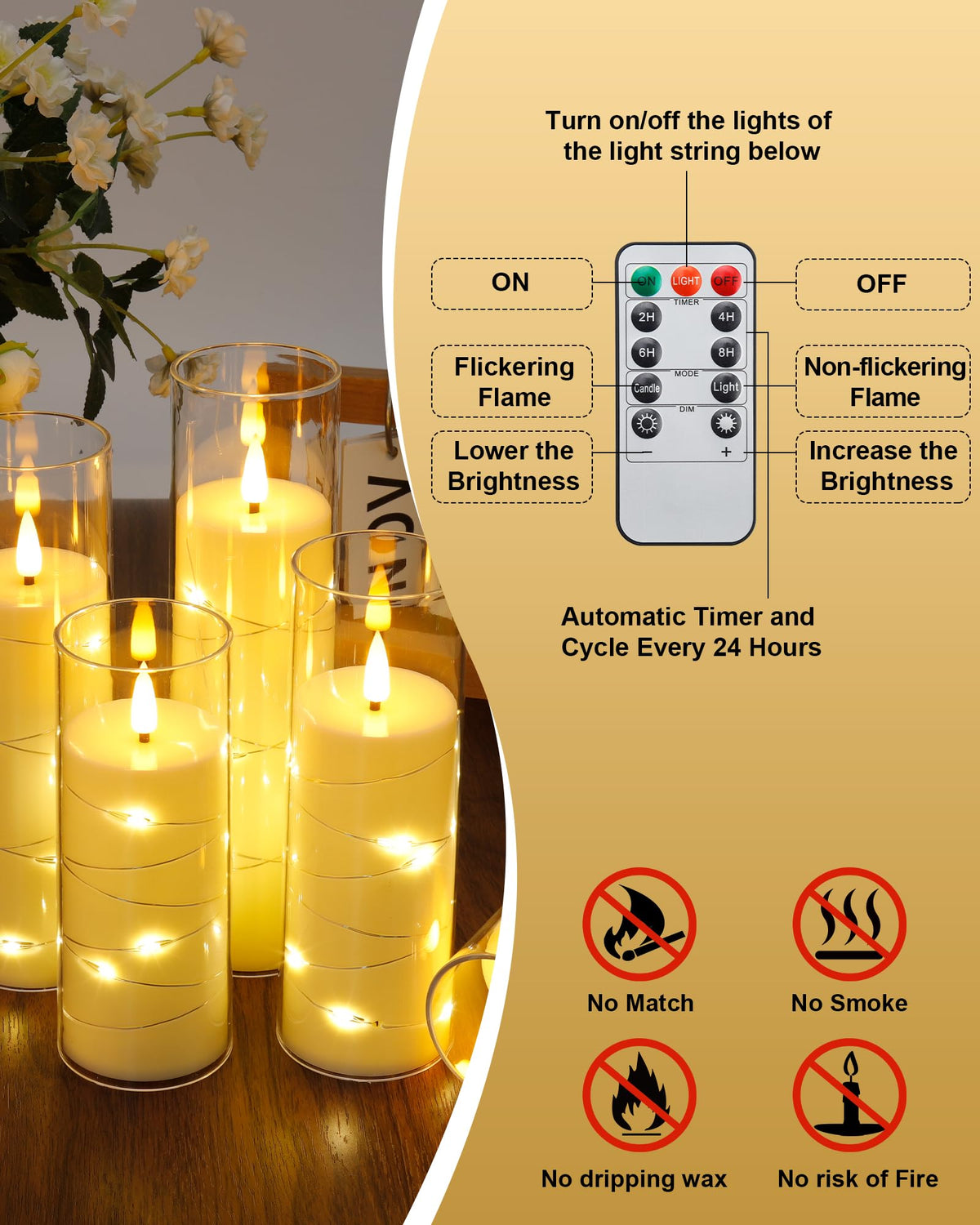 Enido 10 Pc Flameless LED Candles with Remote & Timer, Battery Operated Acrylic Pillar Set, Flickering Electric Lights with Embedded Star String for Cozy Home & Holiday Romantic Decor (Matte Clear)