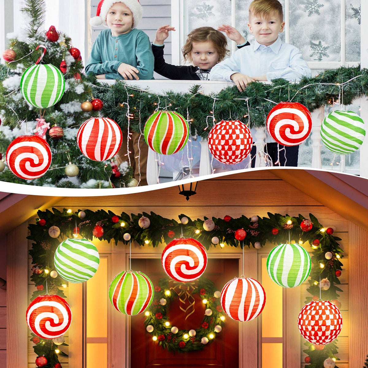Panelee 12 Pcs Christmas Peppermint Paper Lanterns 8 Inch Red Green White Candy Canes Hanging Round Paper Lanterns Holiday Xmas Party Decorations for Home Classroom Ceiling