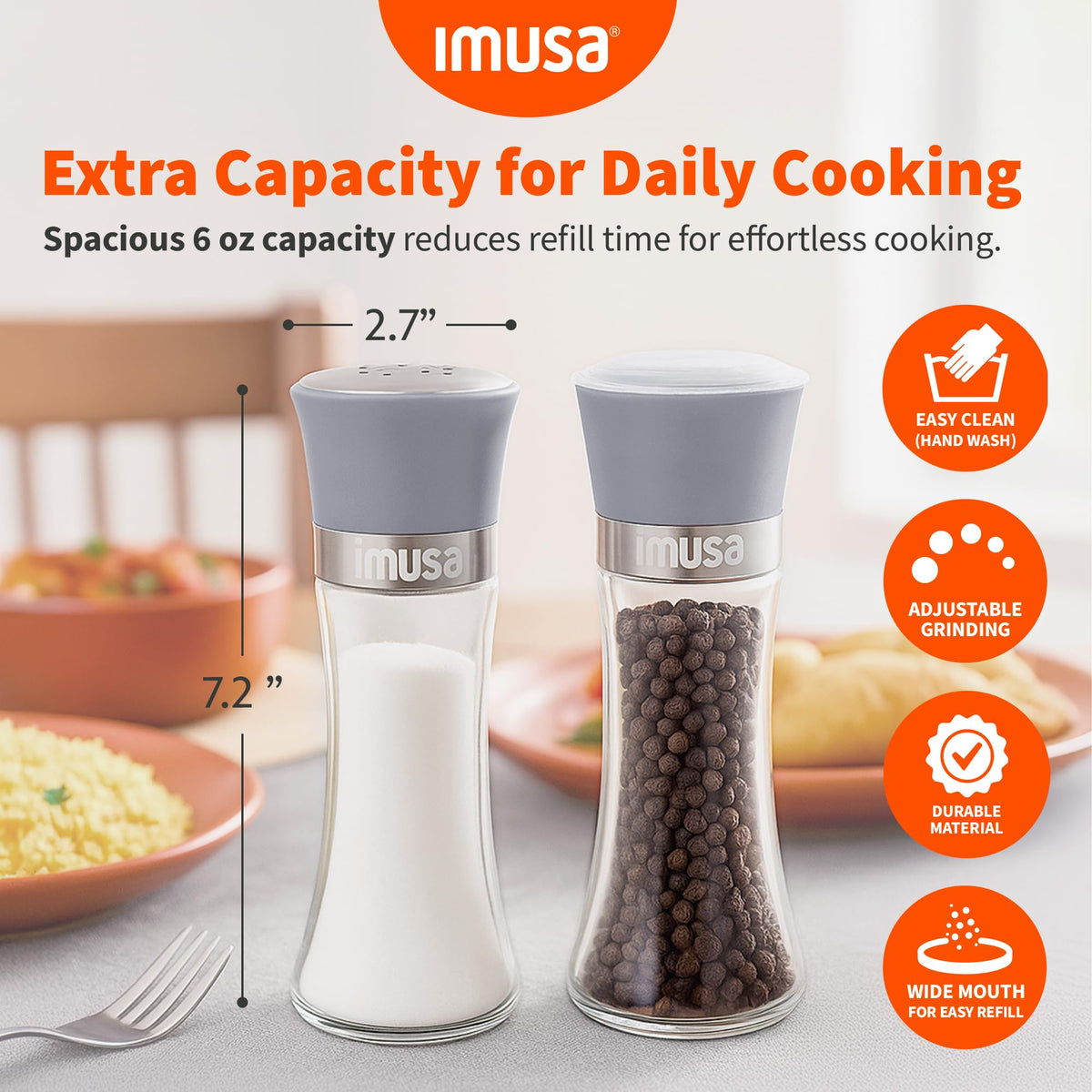 IMUSA Salt Shaker and Pepper Grinder Set – 2 Pack Glass Salt Shaker and Pepper Mill Set, Manual Adjustable Ceramic Core Pepper Grinder, 6 oz Capacity, Refillable Salt and Pepper Set for Kitchen