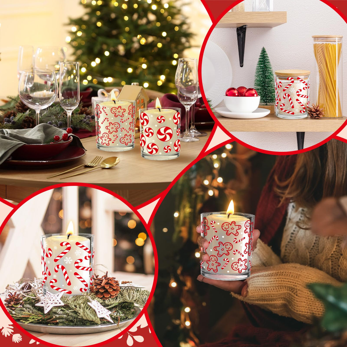 Whaline 12 Pcs Christmas Glass Candle Jars with Cork Lids Red Peppermint Gingerbread Candy Cane Clear Empty Container for Candle Making Storing Xmas Holiday Party Decor