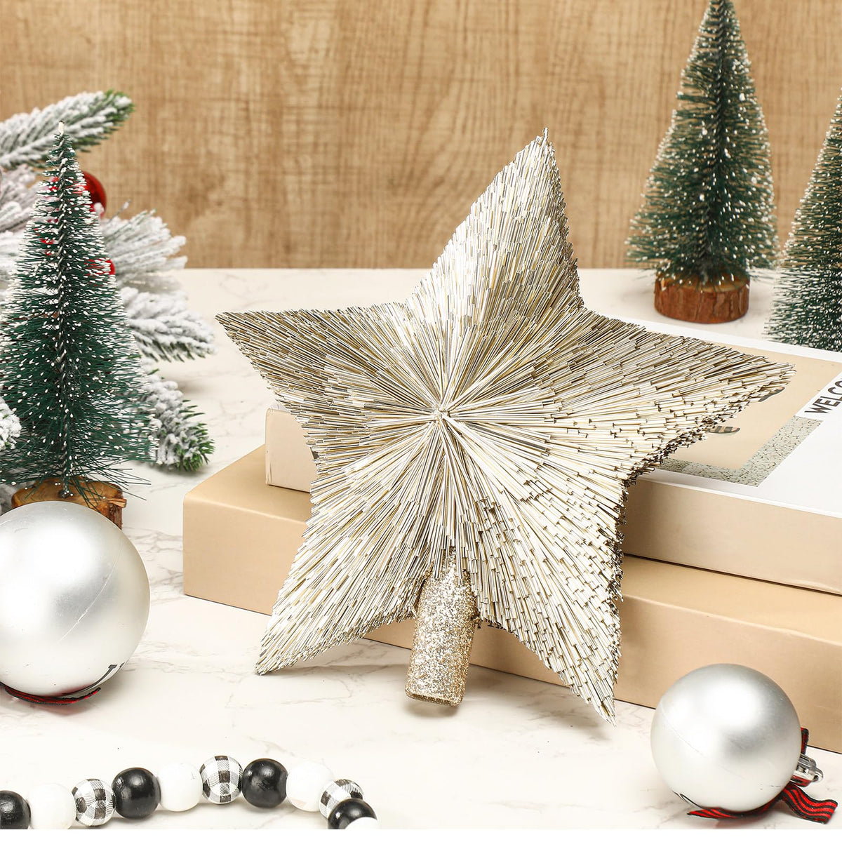 Threehoney 8.3 Inches Christmas Star Tree Topper Glitter Mini Sisal Star for Christmas Small Xmas Tree Top Decoration Ornament for Home Xmas Holiday Gift Decor(Champagne Gold)