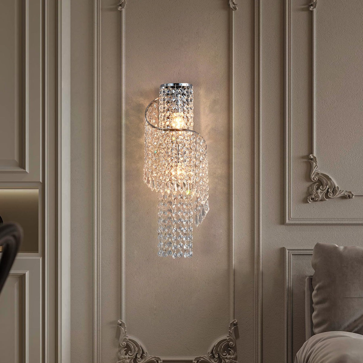 masarayti K9 Crystal Chrome Wall Sconces, Adjustable 3-Color LED Wall Light, FixtureVanity Wall Mount Lamps for Living Room Bedroom Bathroom Bedside Hallway Stairway