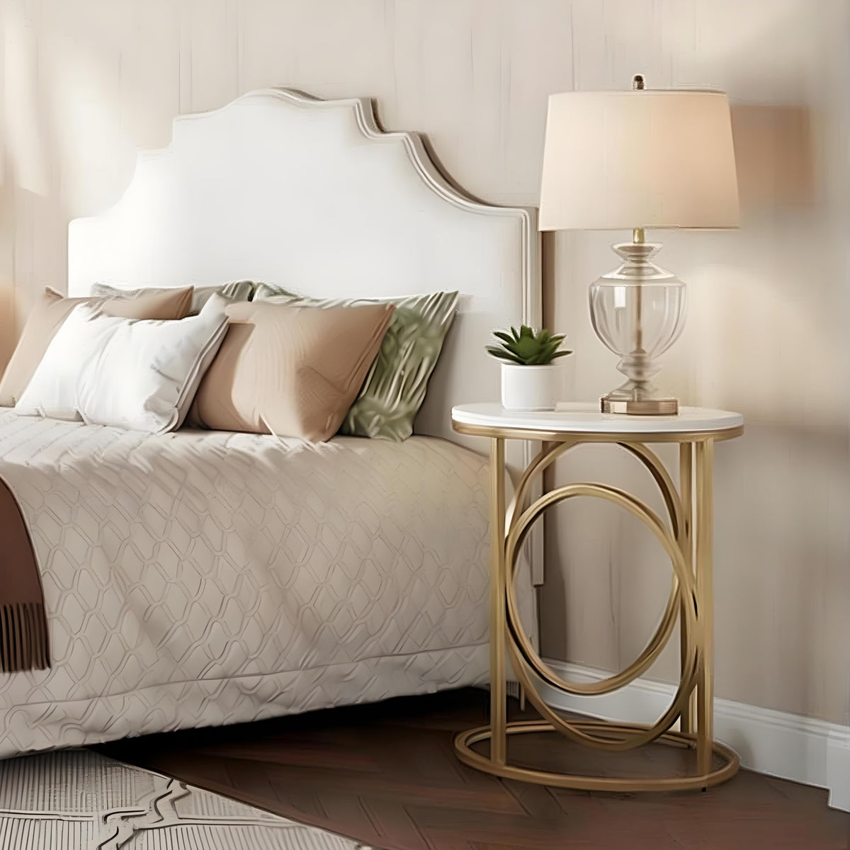 LITTLE TREE 20” Round End Table,Modern Sofa Side Table with Gold O-Shaped Base, Faux Marble White Cocktail Table Accent Table Nightstand for Living Room Bedroom, 2PCS