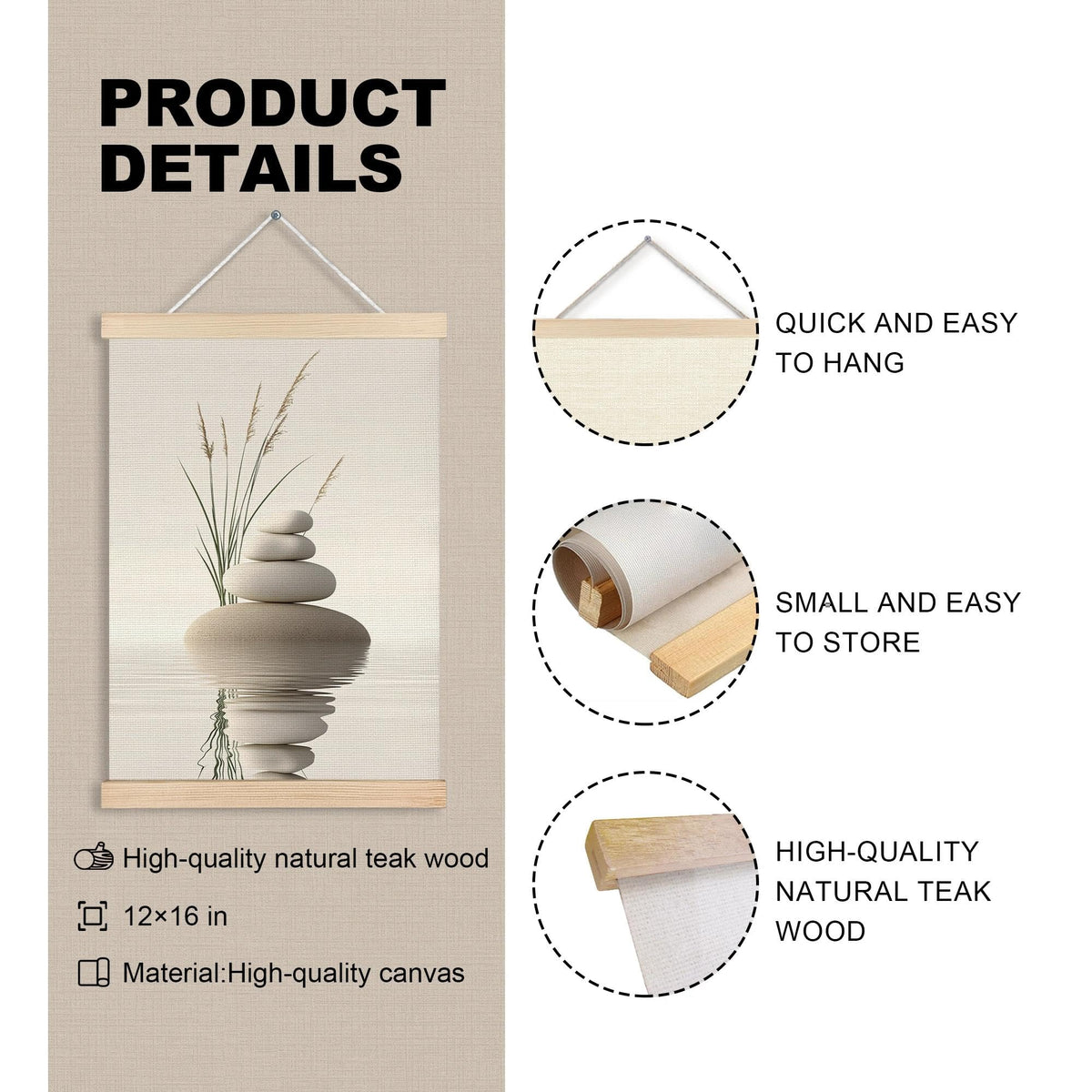 MVLJG Zen Stone Spa Yoga Wall Art Poster, Tranquil Stones in Water Wild Grass Canvas Prints Hanging Wall Decor for Spa Yoga Meditation Room Bathroom, 12x16 Inches