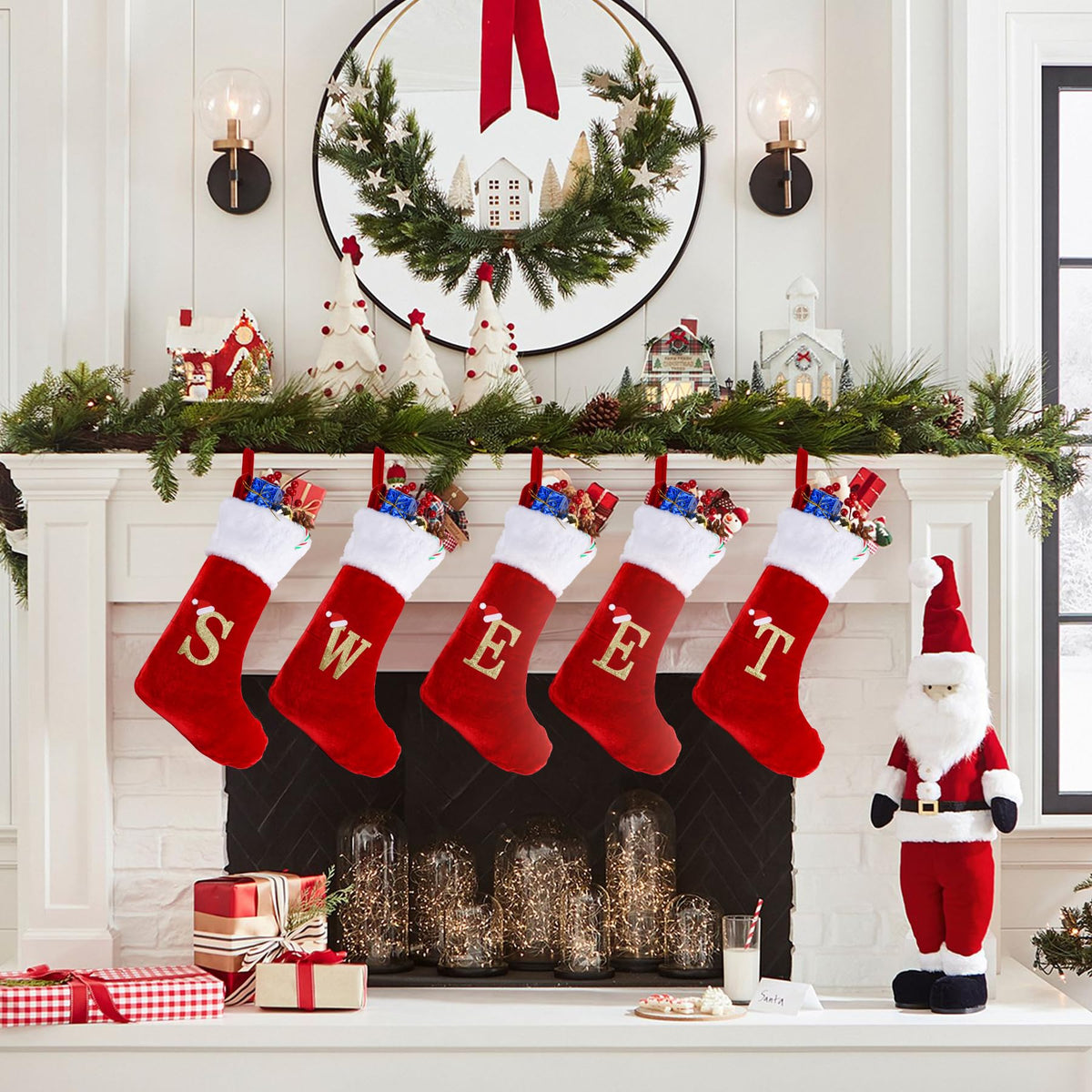 Sailup 20 Inches Monogram Christmas Stockings with Letters, Large Super Soft Christmas Stockings Red Velvet with White Super Soft Plush Cuff for Christmas Xmas Tree Holiday Fireplace (I)