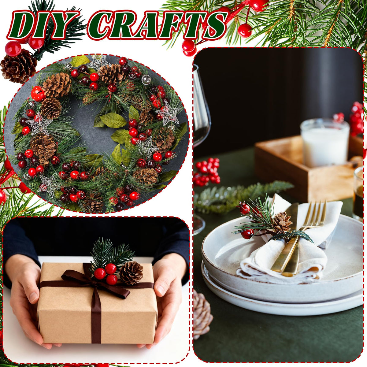 Prdingfy 10 PCS Christmas Snow Covered Pine Needles Branches with Red Berries, Christmas Floral Pick Mini Pinecone Picks for Holiday Wreath,Tree Ornaments