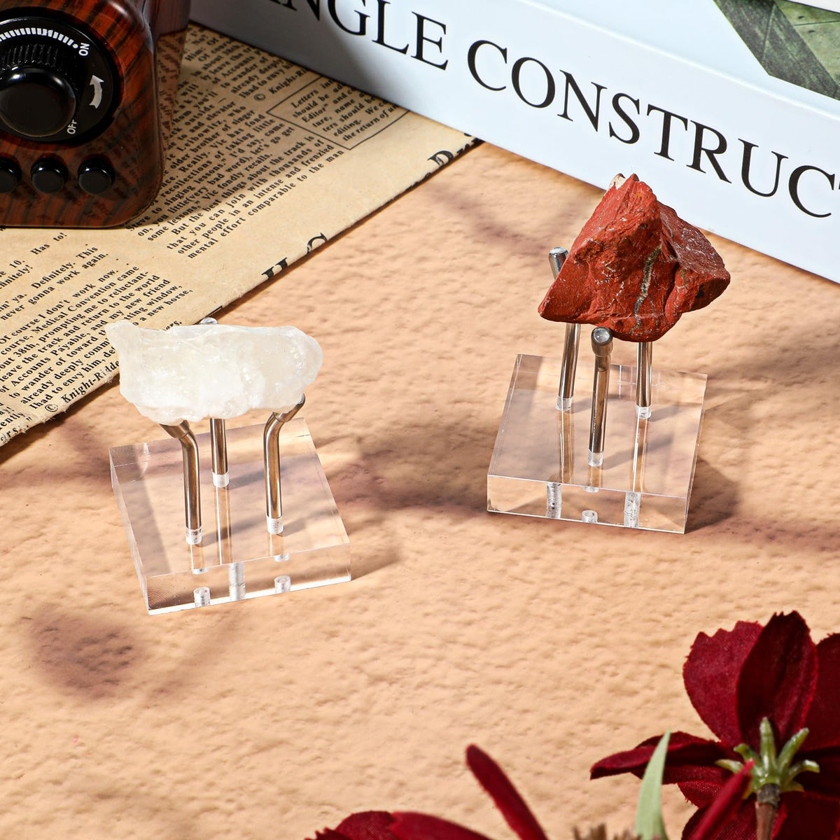 AOZUO 12 Pack Rock Display Stands, Stainless Steel 3 Pegs Rock Display Easel Stands, Clear Acrylic Base Display for Fossil Coral Crystal Geodes Mineral Agate Small Collectibles