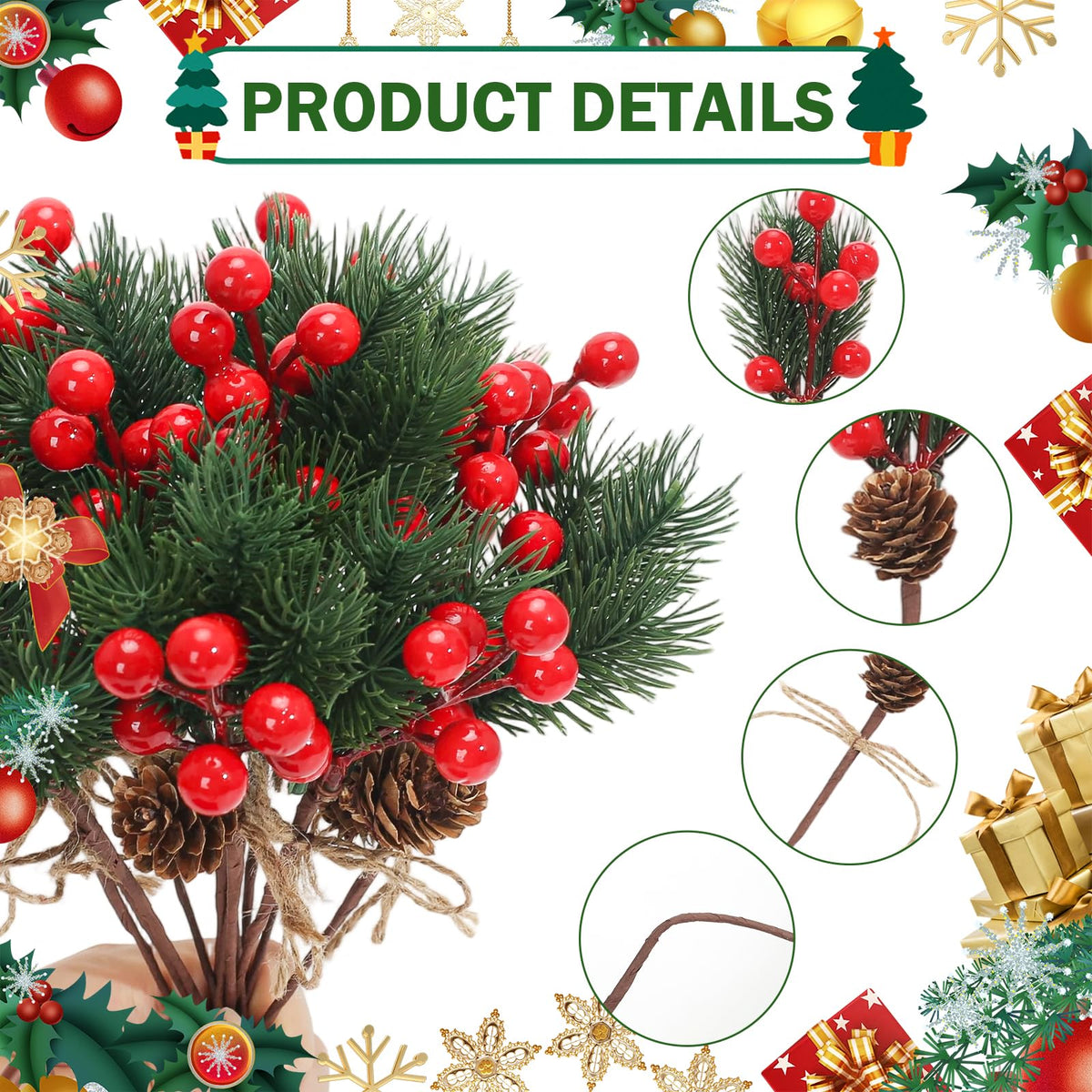 Ledoira 12Pcs 10’’ Christmas Pine Picks Artificial Needle Branches with Pinecones Red Berry Picks Fake Branches for Flower Arrangements Wreath Crafts Holiday Xmas Tree Decorations