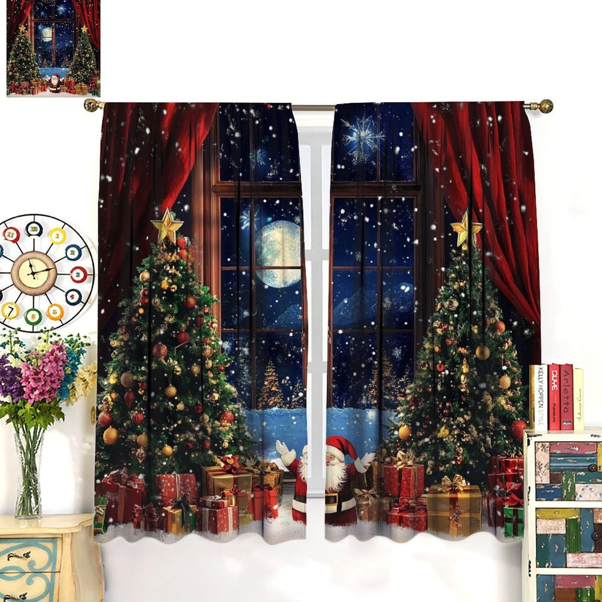 Merry Christmas Santa Claus Curtains Happy New Year Christmas Tree Snowflake for Living Room Bedroom Blackout Decor Window Drapes 42" W X 45" L