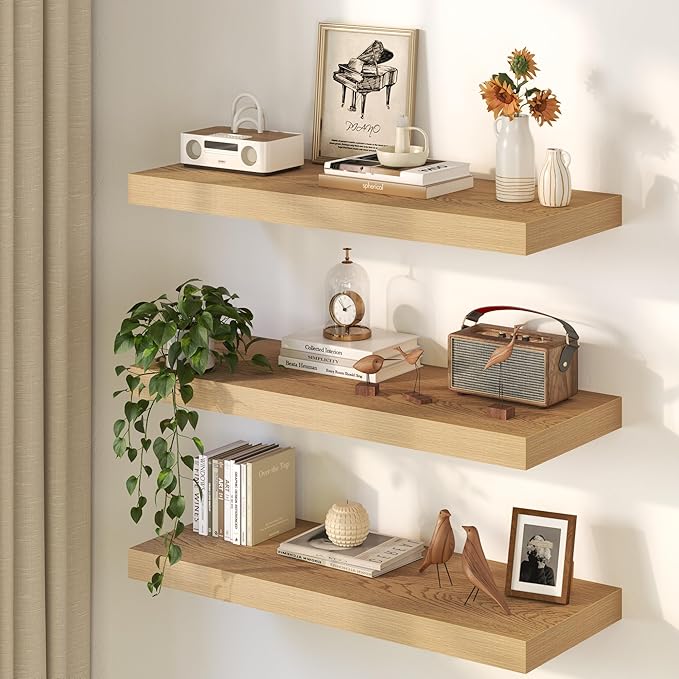32Inch Oak Floating Shelves for Wall, 12 Inch Deep Shelves for Bedroom