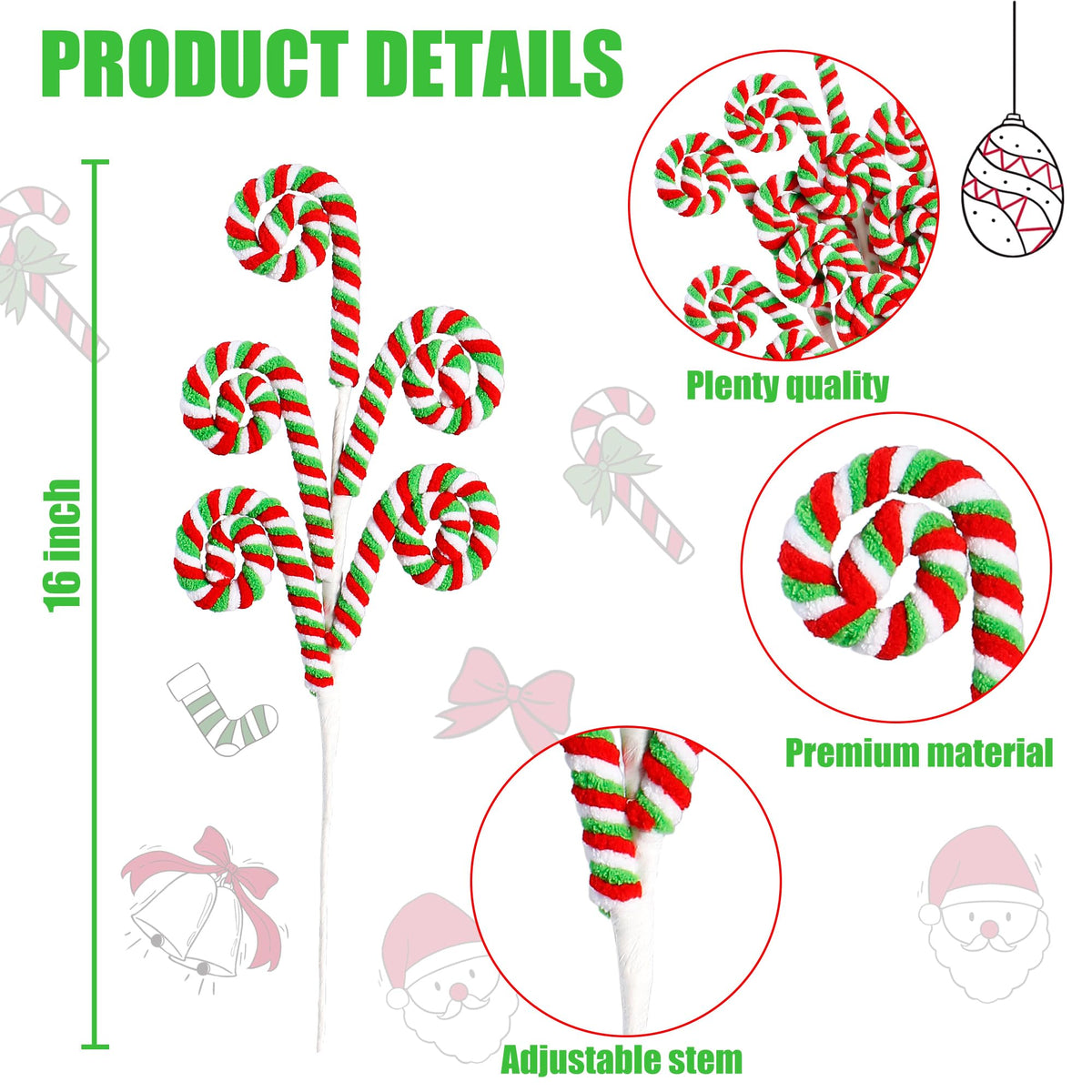 Sggvecsy 6 Pcs Christmas Tree Decoration Woolen Bells Candy Cane Shape Picks Lollipop Curly Pick Ornaments Xmas Tree Topper for Party Vase Filler Home Office Decor (Green)