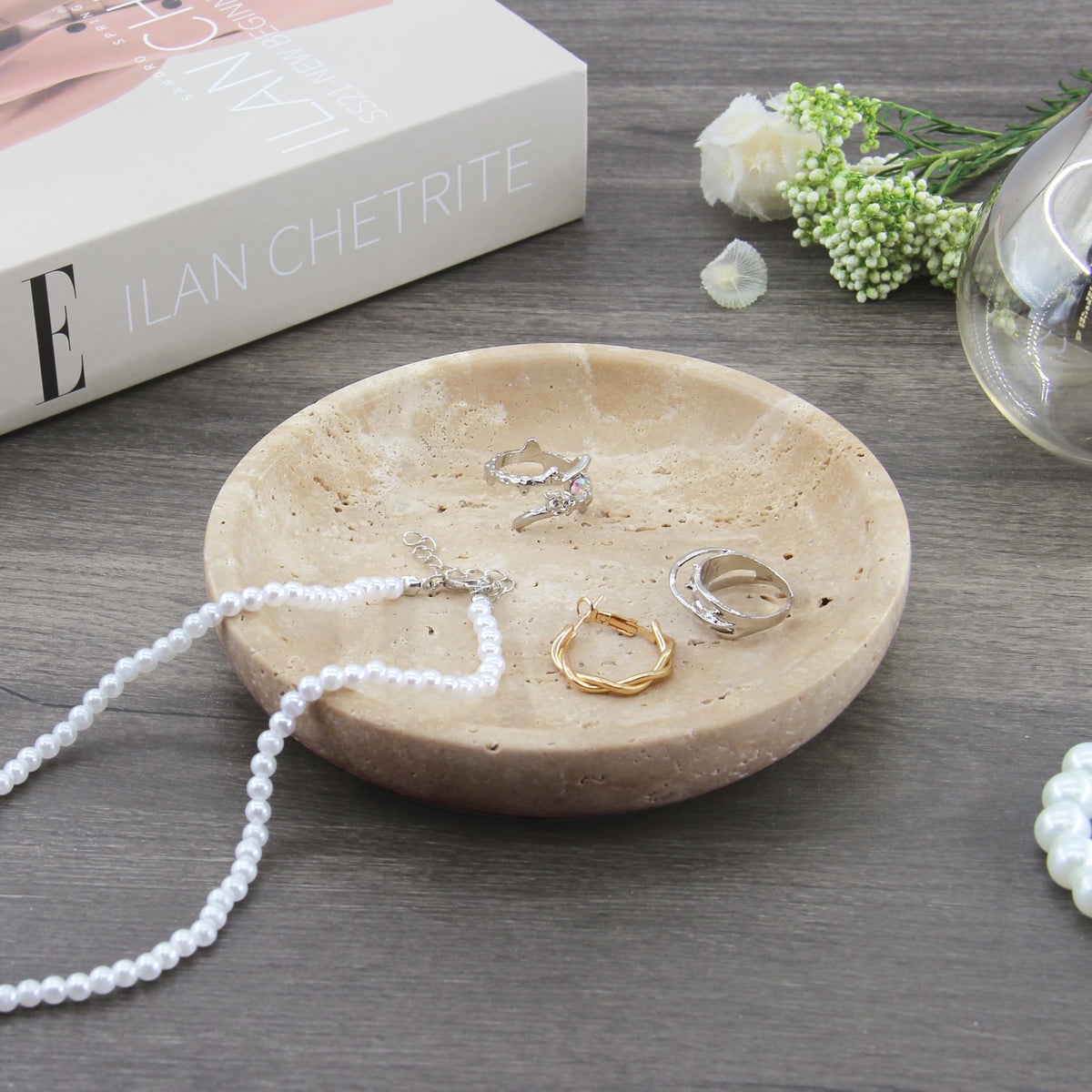 Small Natural Marble Jewelry Tray Key Plate Holder Dish Trinket Decor Catch All Bowl for Ring Earring Stone Gift for Women Daugther,Beige Travertine,5.5"