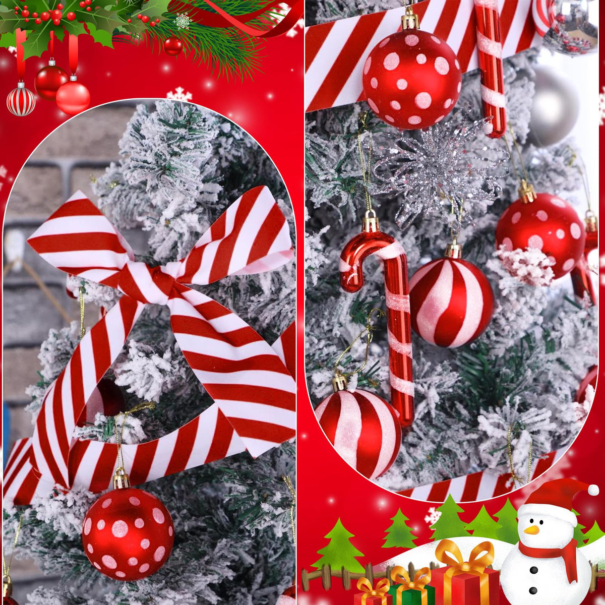 Shappy 38 Pcs Christmas Tree Ornaments Sets, Candy Cane Red White Stripes Xmas Tree Hanging Decorations, Plastic Xmas Ball Variety Shapes with Ribbon New Year Holiday Party Supplies(Cute,47.2'')