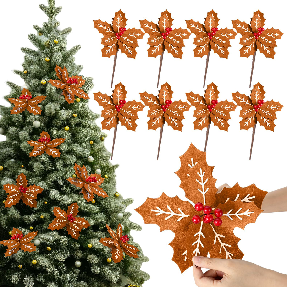 Suncalla 8 Pcs 9 Inch Gingerbread Poinsettia Christmas Tree Picks Decorations Felt Artificial Poinsettia Flowers with Red Berries Christmas Tree Ornaments Topper for Xmas Floral Wreath Vase Decoration