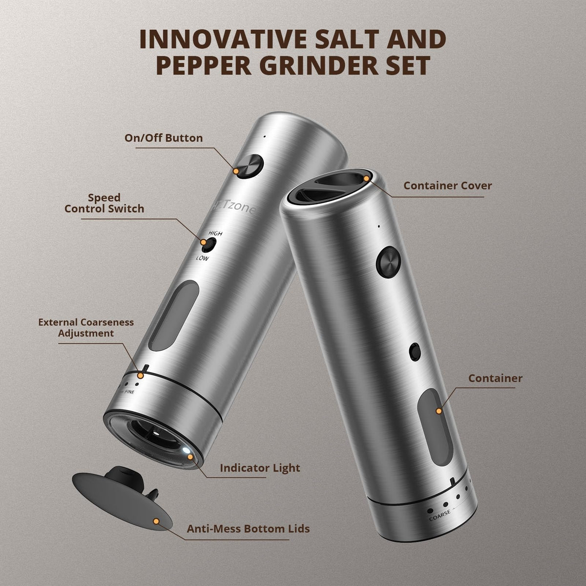 Electric Salt and Pepper Grinder Set with Charging Base, Rechargeable, 6 Coarseness Levels, 2 Speeds, LED Light, One-Touch Operation, Arthritis Friendly, Rust-Free Ceramic Core, Dust Caps, 2 Grinders
